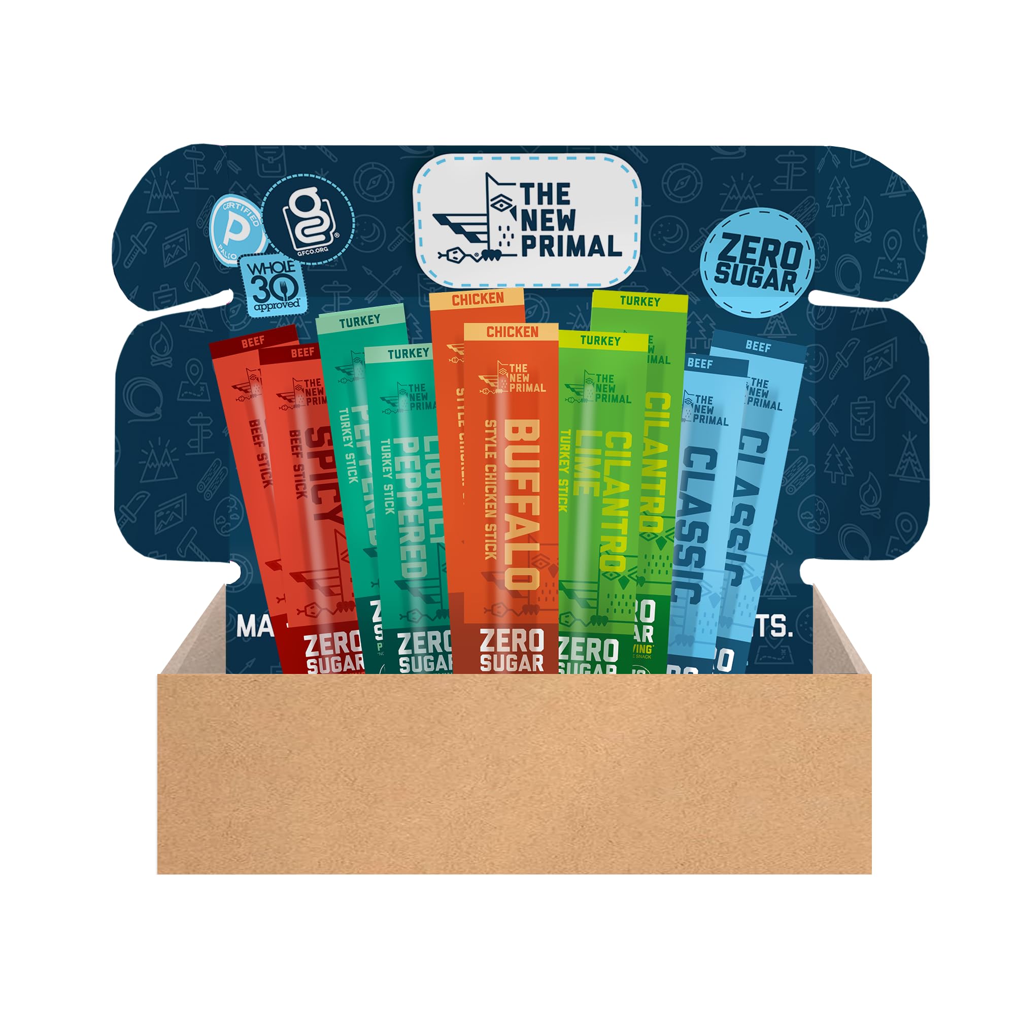 The New Primal, Meat Stick Sampler, Whole30 Approved, Paleo, Keto, Certified Gluten Free, Low Carb, High Protein Snack, Pantry Snacks, Sugar Free, Grass-fed Beef, 1 Oz Sticks (10 Sticks Total)