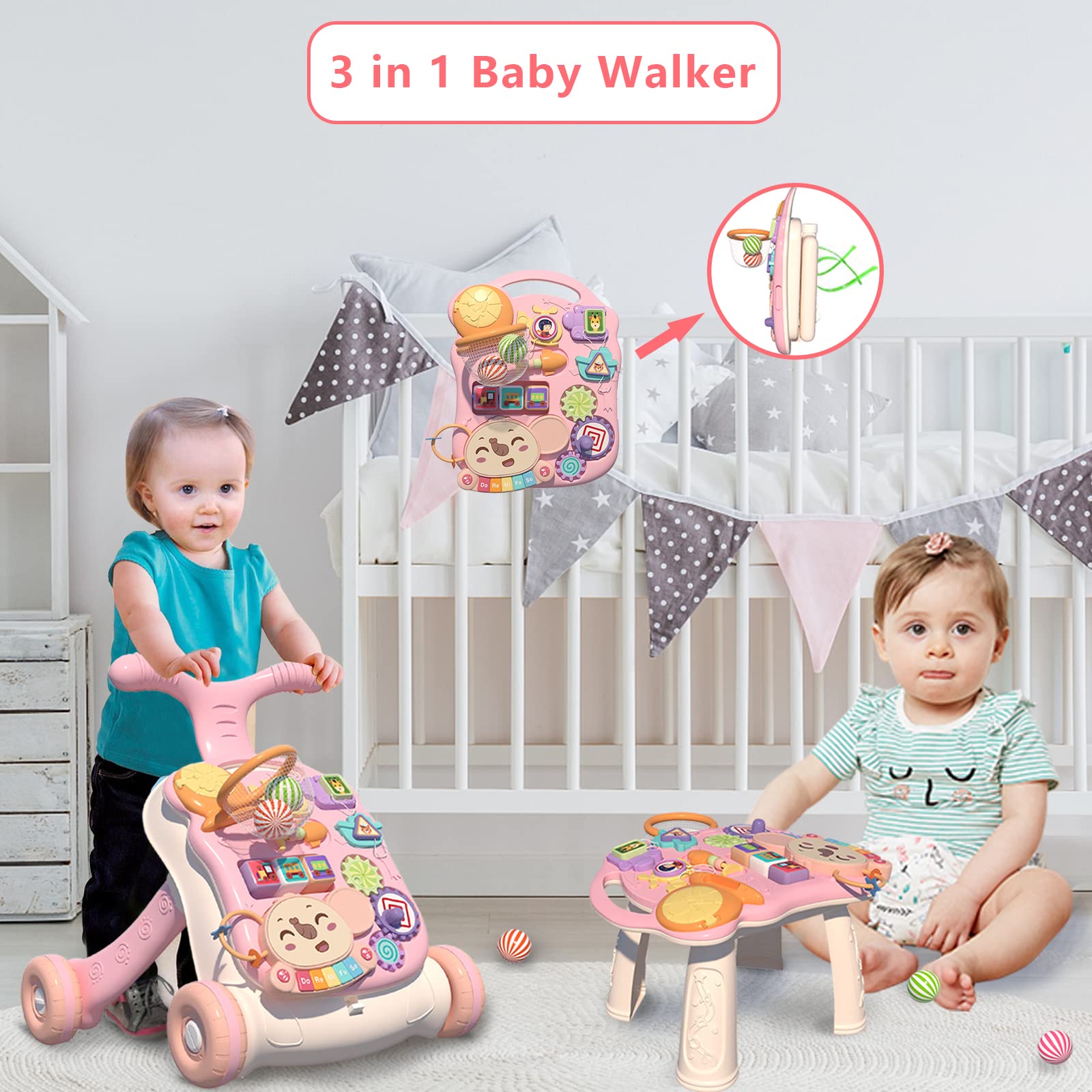 QDRAGON 3 in 1 Baby Walker and Activity Center for Baby Girl,Toddler, Learning to Walk, Sit to Stand, Early Learning Push Toys for Infant 6-12 Months Pink