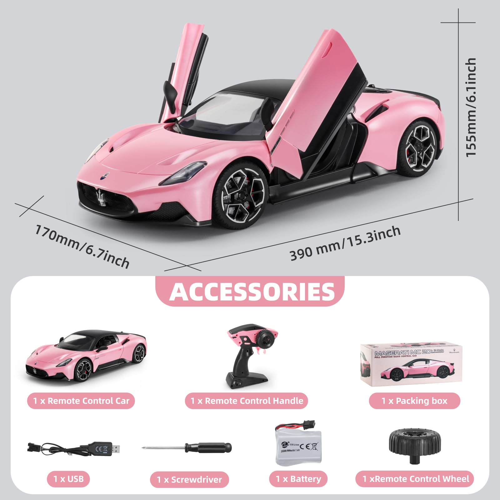 MIEBELY Maserati Remote Control Car, Openable Door 1:12 Scale Rc Toy Car 7.4V 900mAh Licensed 12Km/h Fast Rc Cars with Led Light 2.4Ghz Model Car for Adults Boys Girls Birthday Ideas Gift (Pink)