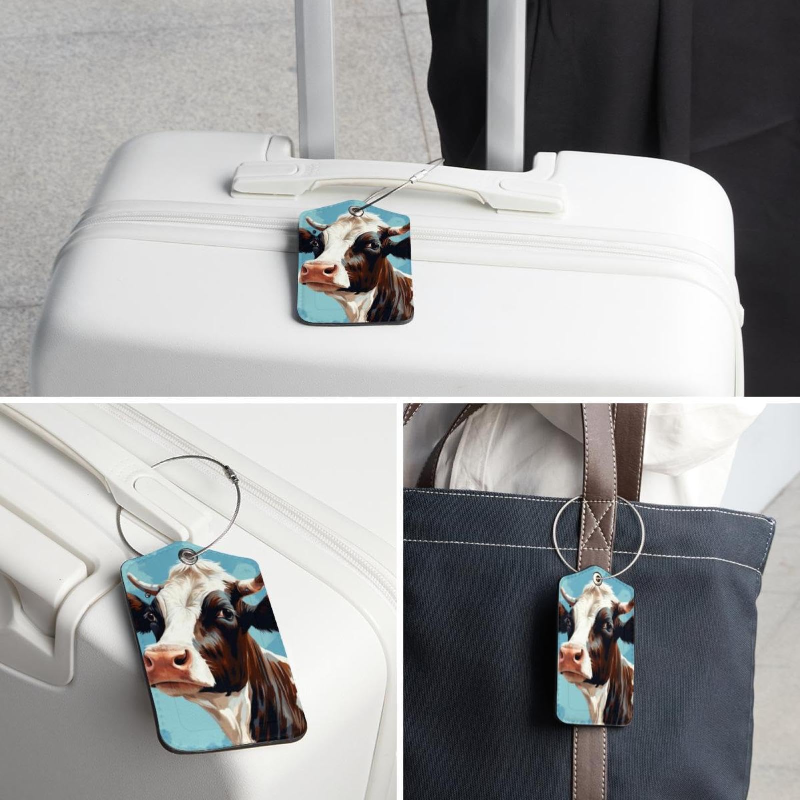 Beautiful CowBright and Personalized Luggage Tags, Set of 2 Metal Loop Lock Baggage Tags with Privacy Flap Cover