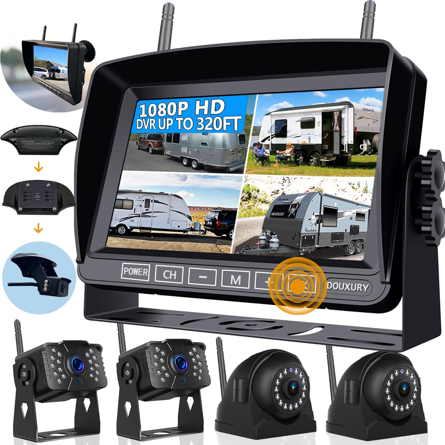 Wireless RV Backup Camera for Trailer Truck Camper Digital Rear Side View Cameras & HD 1080P 4 Splits 7" DVR Screen with Adapter for Furrion Pre-Wired IP69 Waterproof Night Vision 170° Wide View Angle