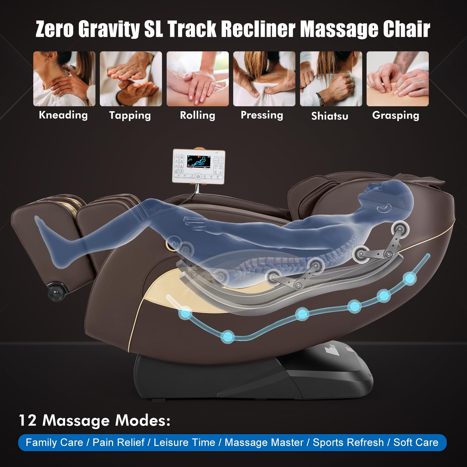 Artist hand Massage Chair Full Body, SL Track Zero Gravity Massage Chair Recliner with 12 Modes, Bluetooth, Body Scan, Foot Roller & Airbags Massage, AI Voice Control (Brown)