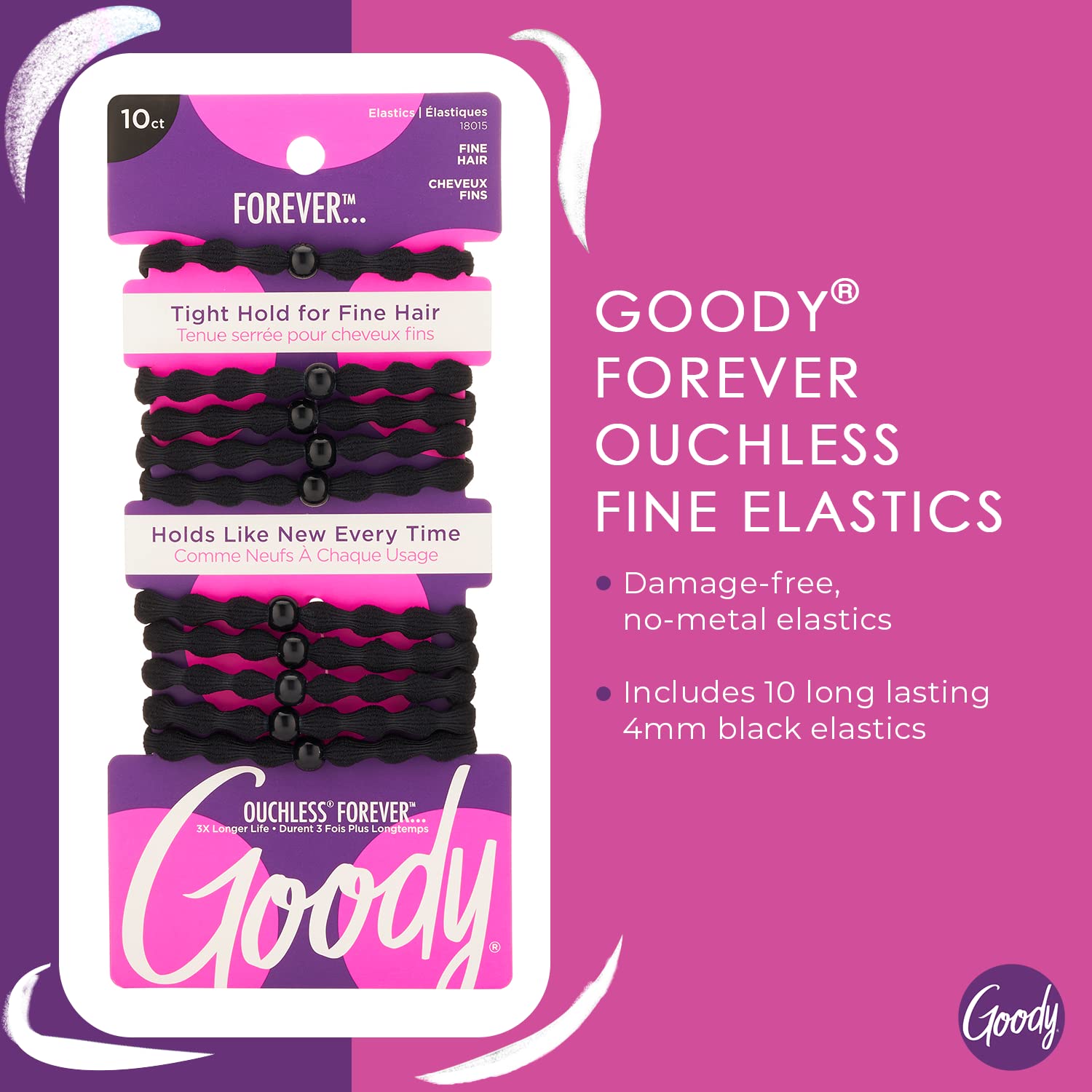 Goody Ouchless Forever Hair Elastics - 10 Ct, Black, Damage-Free Bands, 3X Stronger Hair Ties, Retainable Shape, 16 Strand Inner Core, Hair Accessories for Women & Men, For Fine Hair