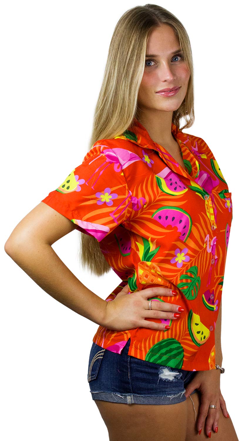 KING KAMEHA Hawaiian-Blouse Women Fruit-Designs Regular-Blouse Short-Sleeve, Flamingo-Melon, Orange, XS