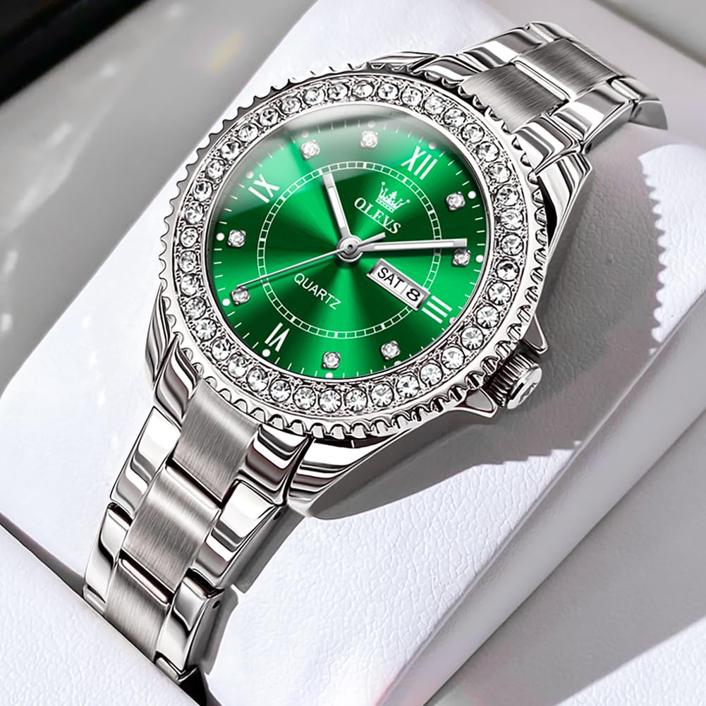 OLEVS Green Women Wrist Watches Luxury Fashion Quartz Analog Stainless Steel Waterproof Ladies Watch Diamond Dial Gift Women Watch