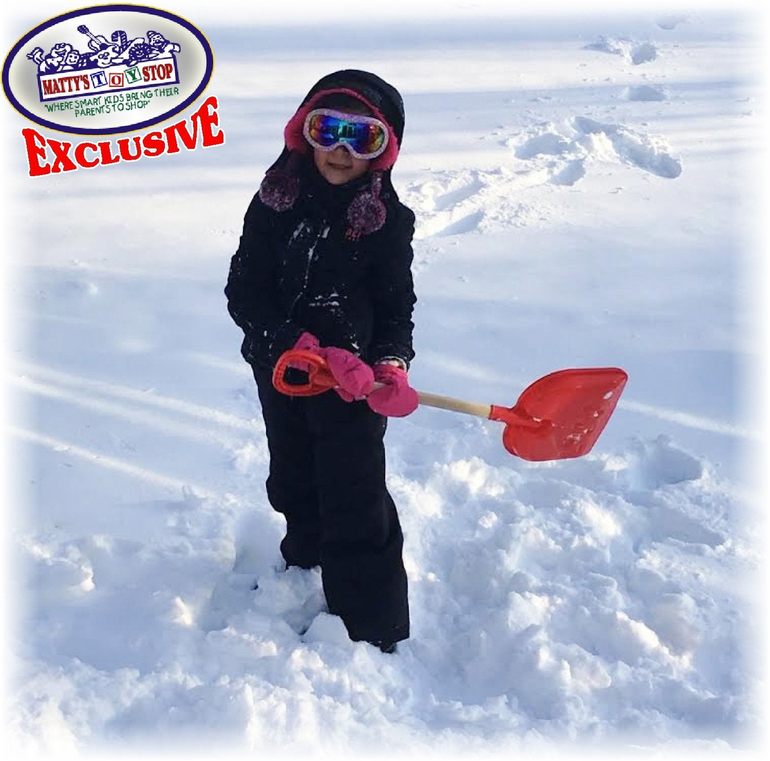 Matty's Toy Stop 28" Heavy Duty Wooden Snow Shovels with Plastic Scoop & Handle for Kids - 2 Pack (Red & Blue Swirl)