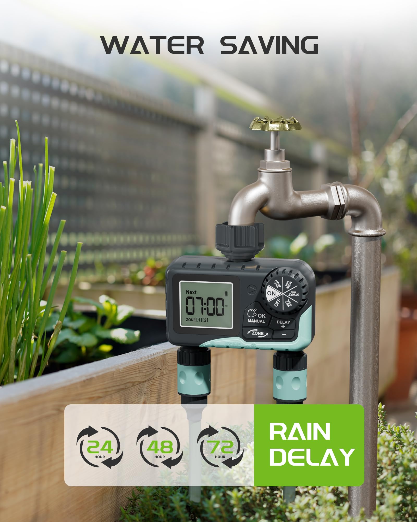 RAINPOINT Sprinkler Timer 2 Outlet, Water Timer for Garden Hose, Programmable Drip Irrigation Timer for Yard Outdoor Watering, Rain Delay/Manual/Automatic System Controller 2.5" LCD, V2