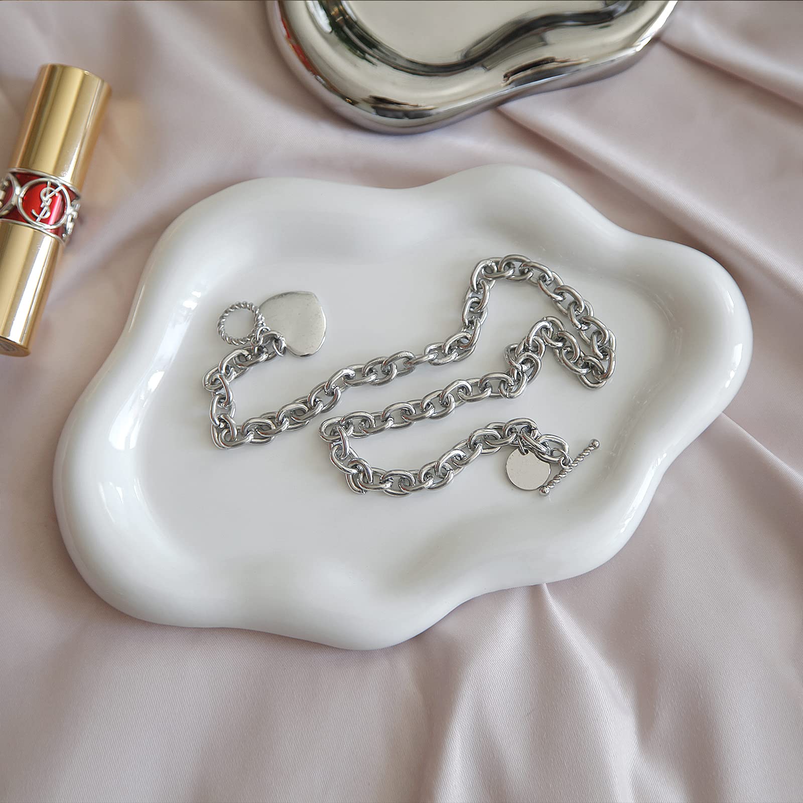 MDFAYE Jewelry Dish Trinket Tray for Women, Ring Dish Holder, Unique Cloud Shape Ceramic Plate Cute Things Vanity Aesthetic Room Decor Mother's Day Birthday Christmas Warm House Gifts (White)