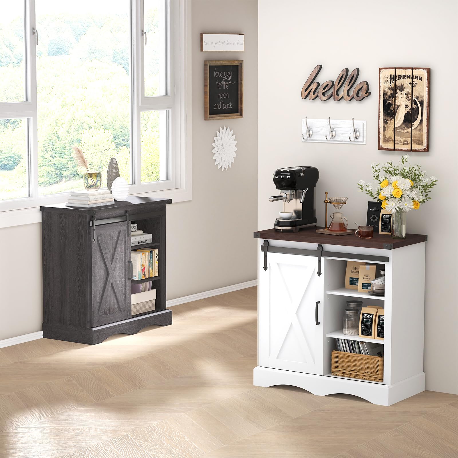 HOMFAMILIA Upgraded 32"H Farmhouse Coffee Bar Cabinet w/Storage, Thickened Top Kitchen Sideboard Buffet Cabinet w/Sliding Barn Door, Rustic Accent Console w/Adjustable Shelves for Kitchen,Living Room