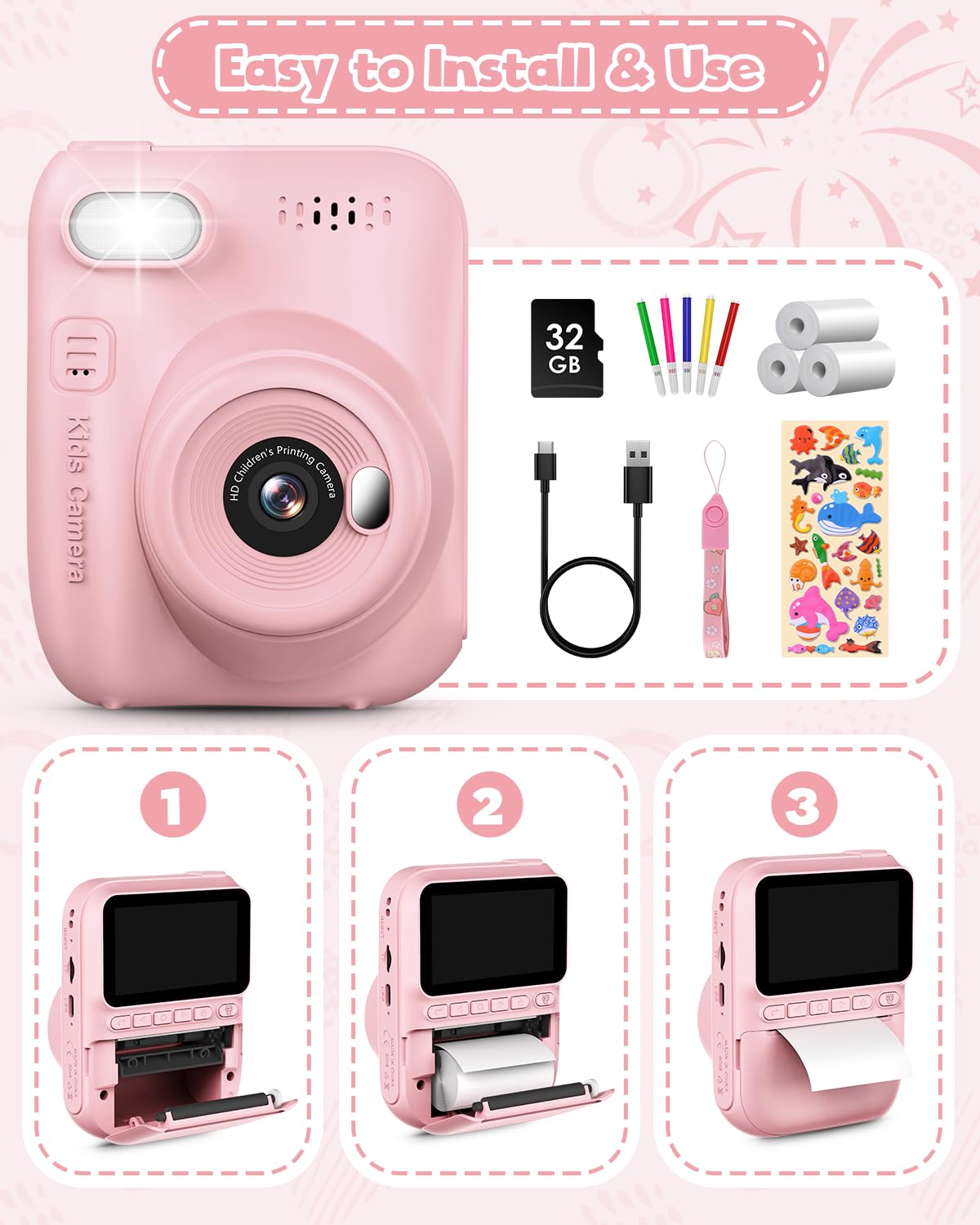 LETSHAHA Kids Instant Print Camera, 3.0-inch HD Screen 32MP Photo Instant Digital Camera Christmas Birthday Gifts Toys for Toddle Children Girls Boys Age 3-12 - Pink