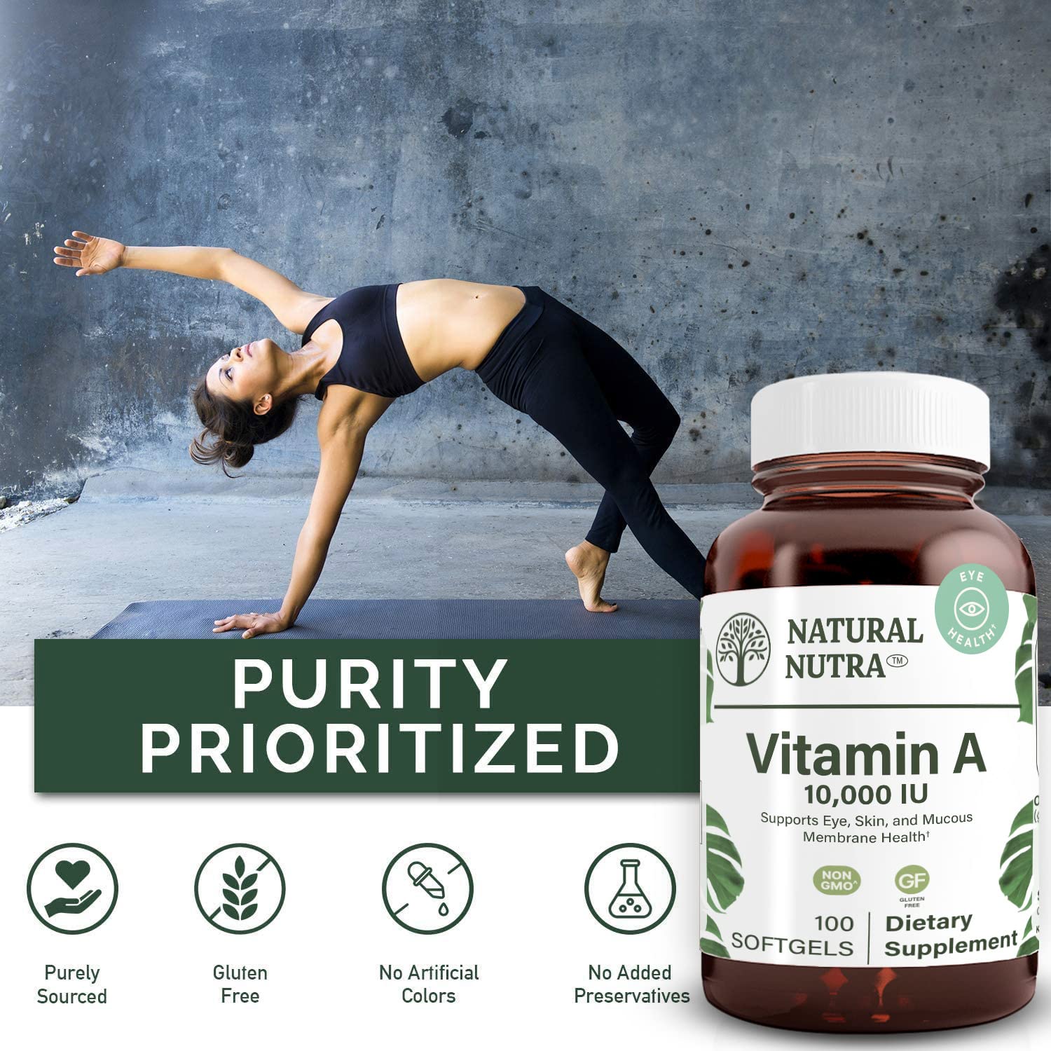 Natural Nutra Vitamin A 10,000 IU, Dietary Supplement from Cod Liver Oil, Extra Strength for Eye, Skin, Nails Health with Omega 3, Gluten Free 100 Softgels