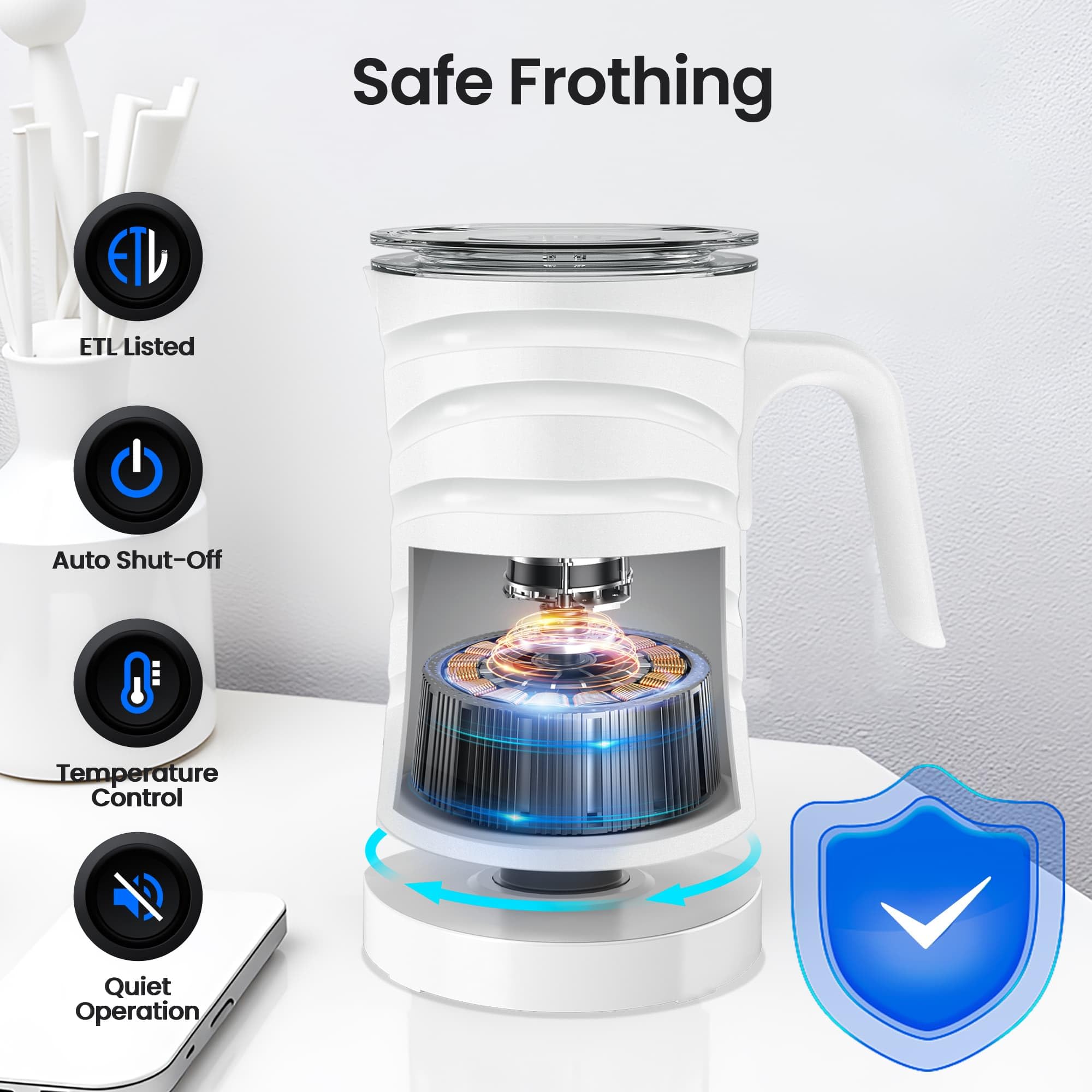 Milk Frother, SAIBOKE 4-in-1 Electric Milk Steamer，Automatic Hot & Cold Foam Maker, 11.80oz/350ml Milk Warmer for Latte, Cappuccinos, Macchiato. Ultra-Quiet Working & Automatic Shut Off.