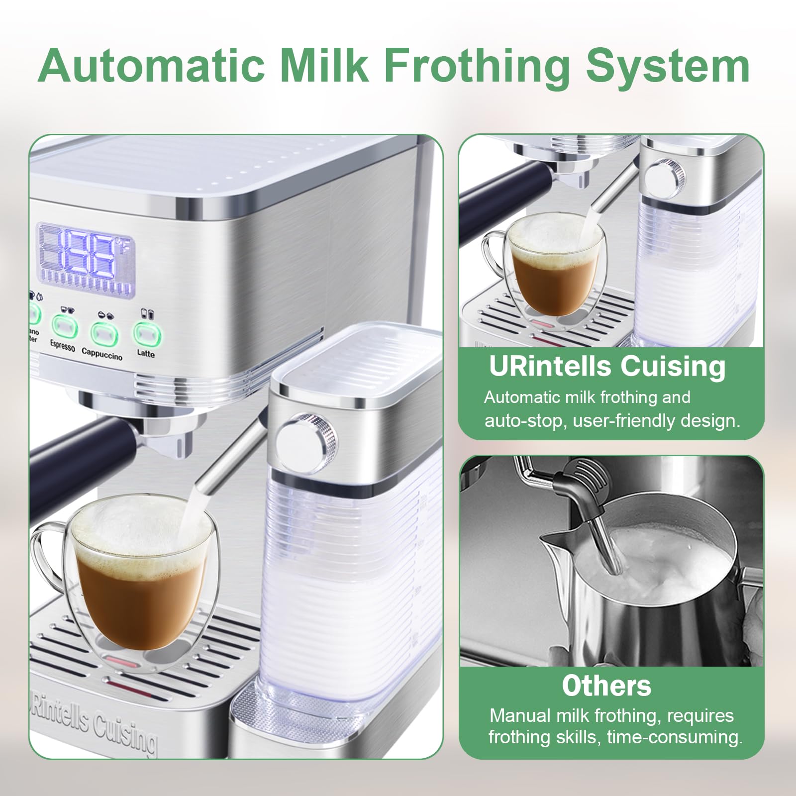 URintells Cuising Espresso Machine 20 Bar, Professional LED Display Espresso Maker with Automatic Milk Frother for Americano Cappuccino Latte, Coffee Machine with ESE Pod Filter, Dual Heat System