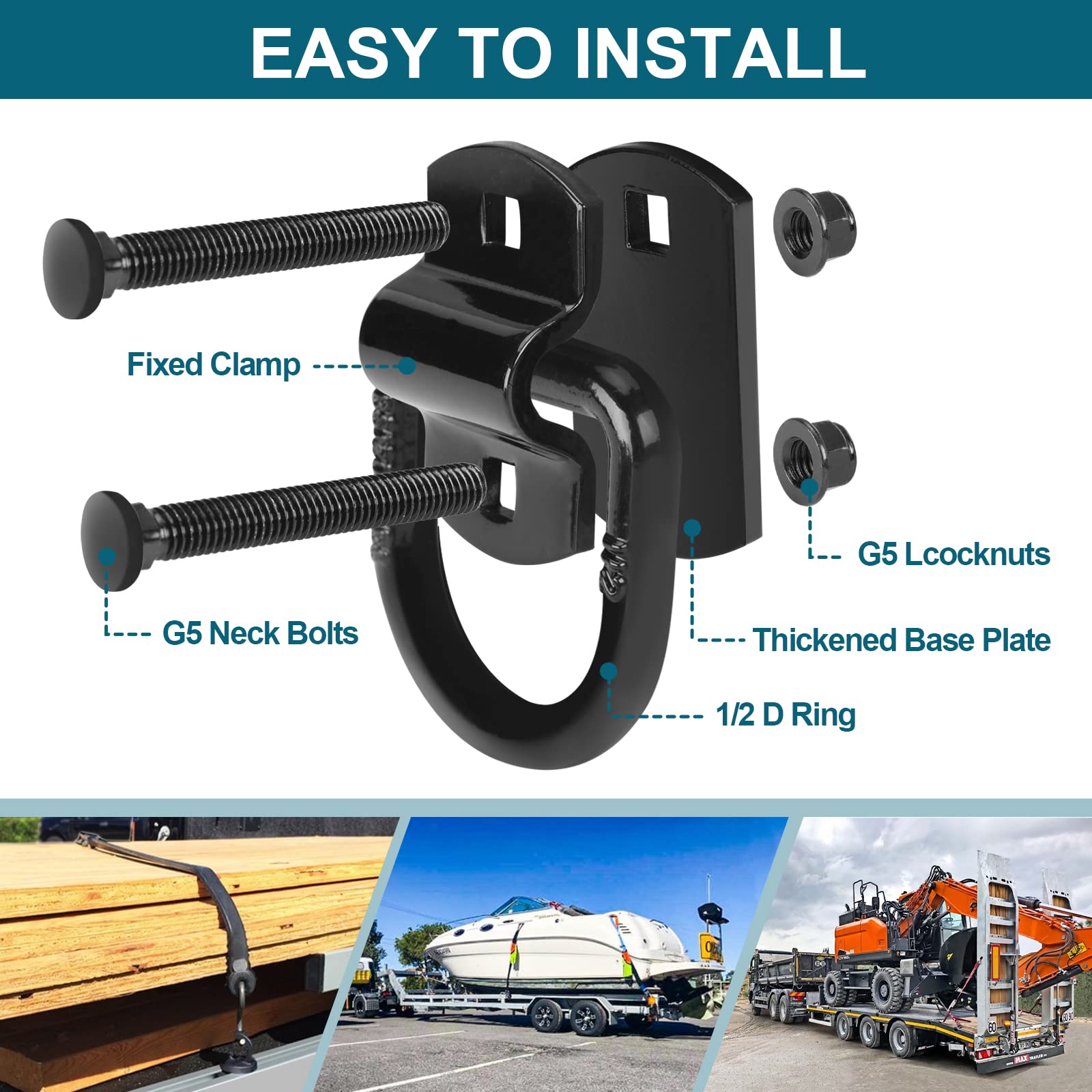 Eapele 1/2" Heavy Duty Bolt-On Forged D Ring Tie-Down Anchors, 12000Lbs Break Strength Anchor Hooks for Trailer Truck Cargo Tie Downs (Pack of 4)
