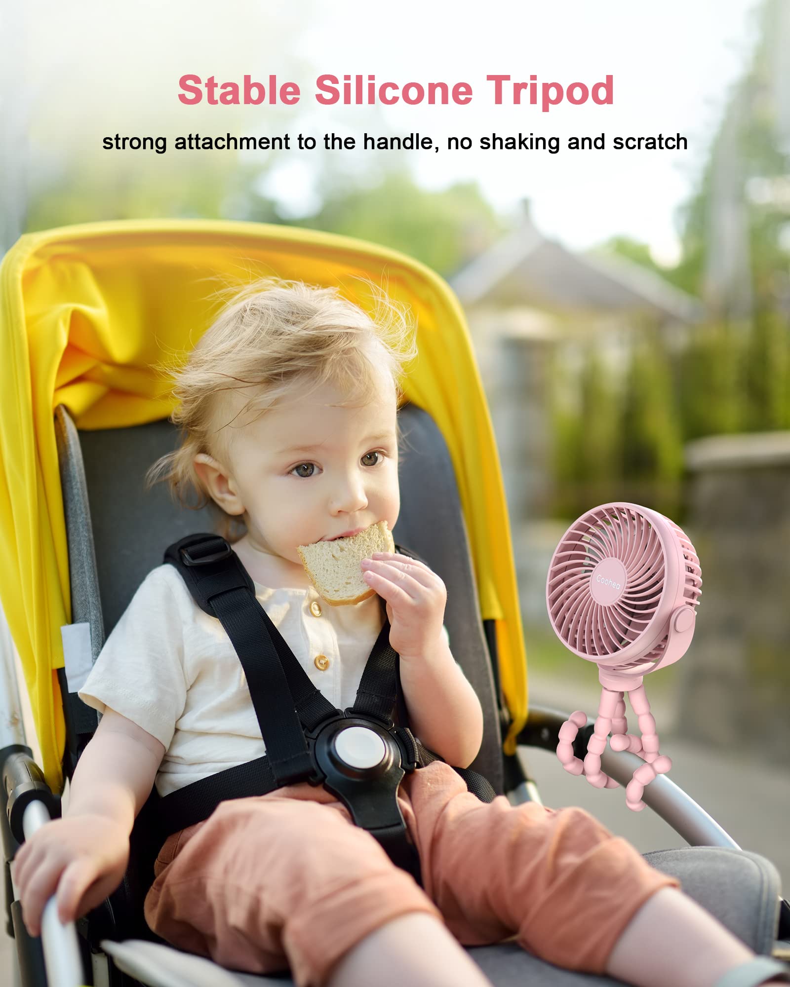 Coohea Stroller Fan Clip on Baby Fan USB Rechargeable Small Fan Battery Operated Portable Fan, Flexible Tripod for Car Seat Backseat Bike Beach Travel Trip Camping, 360°Rotatable, 3 Wind Speed, Pink