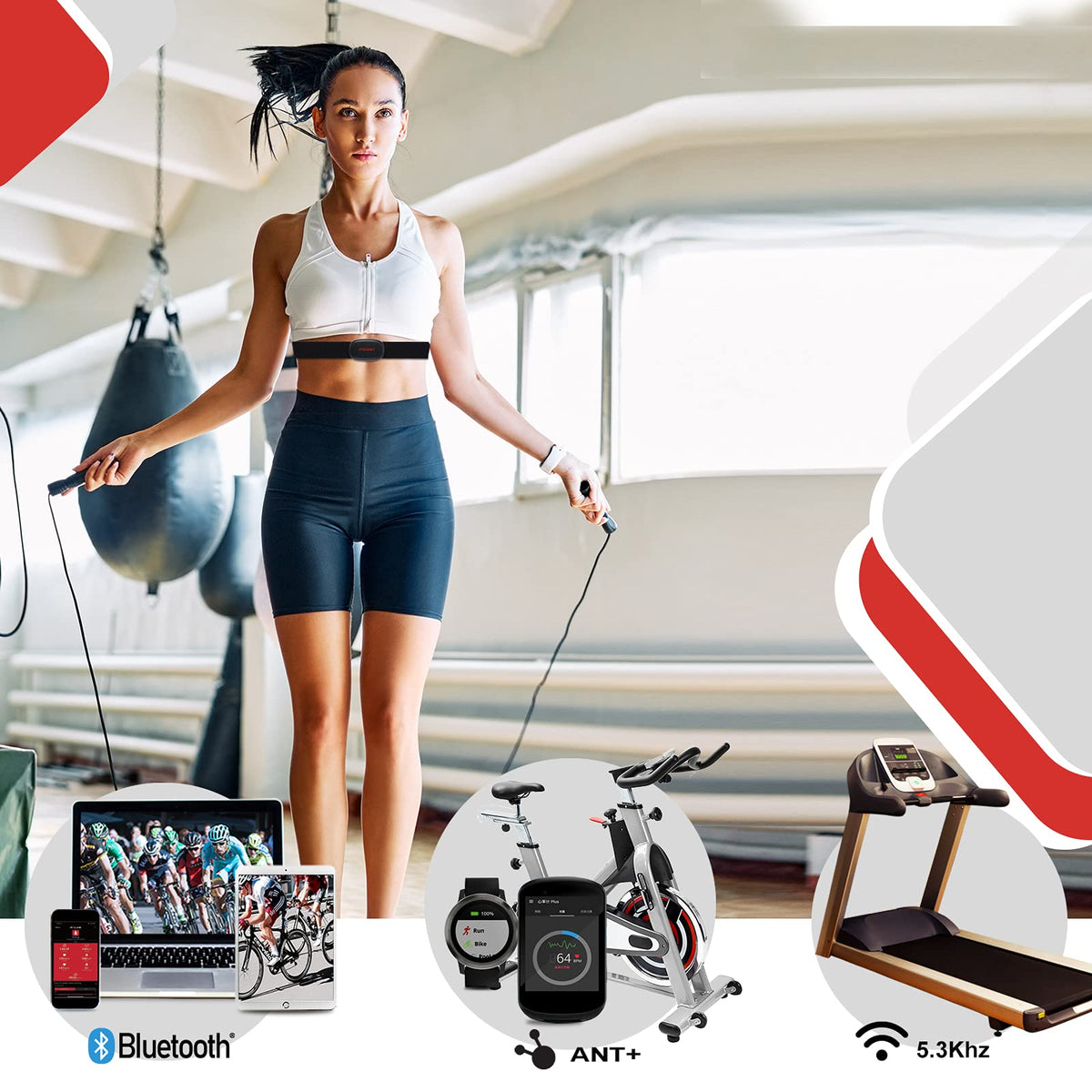 FITCENT Rechargeable Heart Rate Monitor Chest Strap 5.3 kHz/Bluetooth 5.0/ANT+, Heart Rate Monitor for Peloton, Chest Heart Rate Monitor for Strava Zwift DDP Yoga