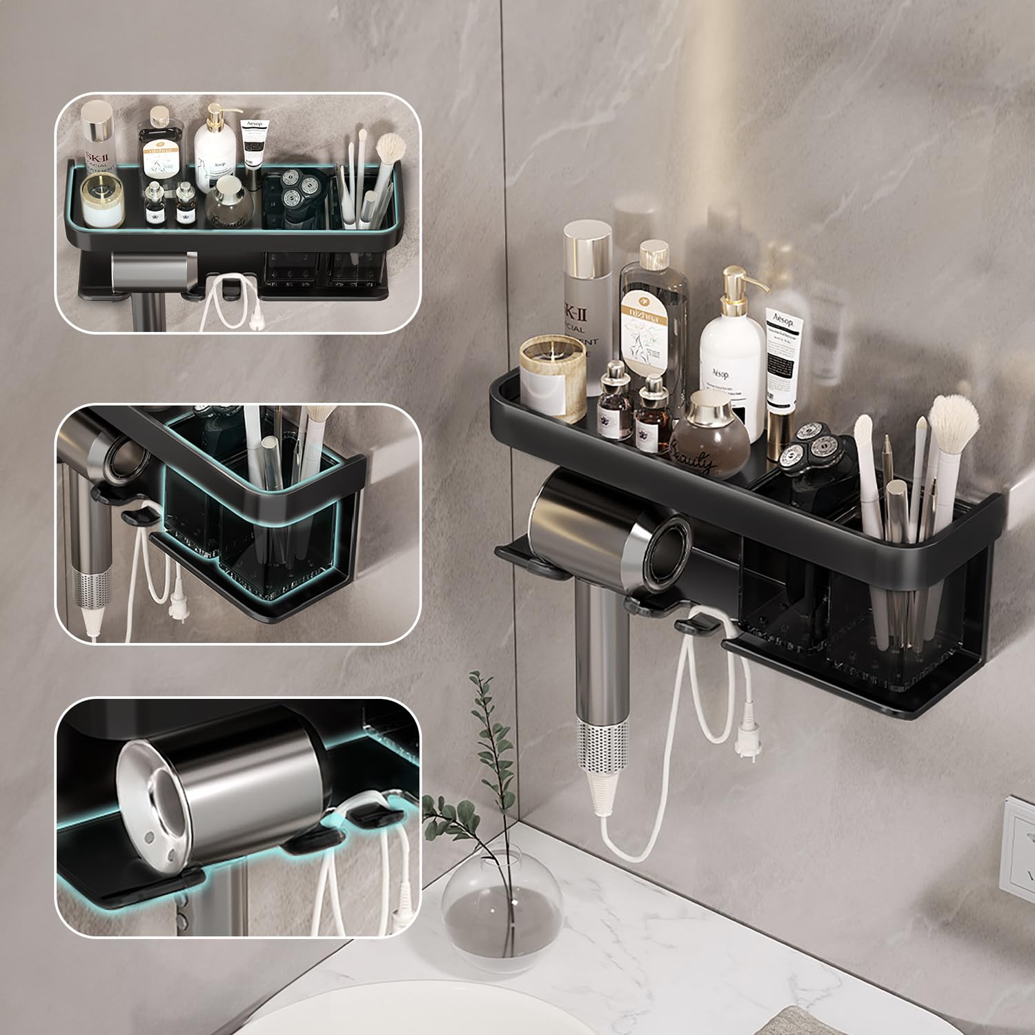 Boomersun Hair Dryer Holder, Blow Dryer Organizer, Hair Dryer Holder Wall Mounted with Shelf for Bathroom, Salon, Bedroom Organizers & Storage(Matte Black)