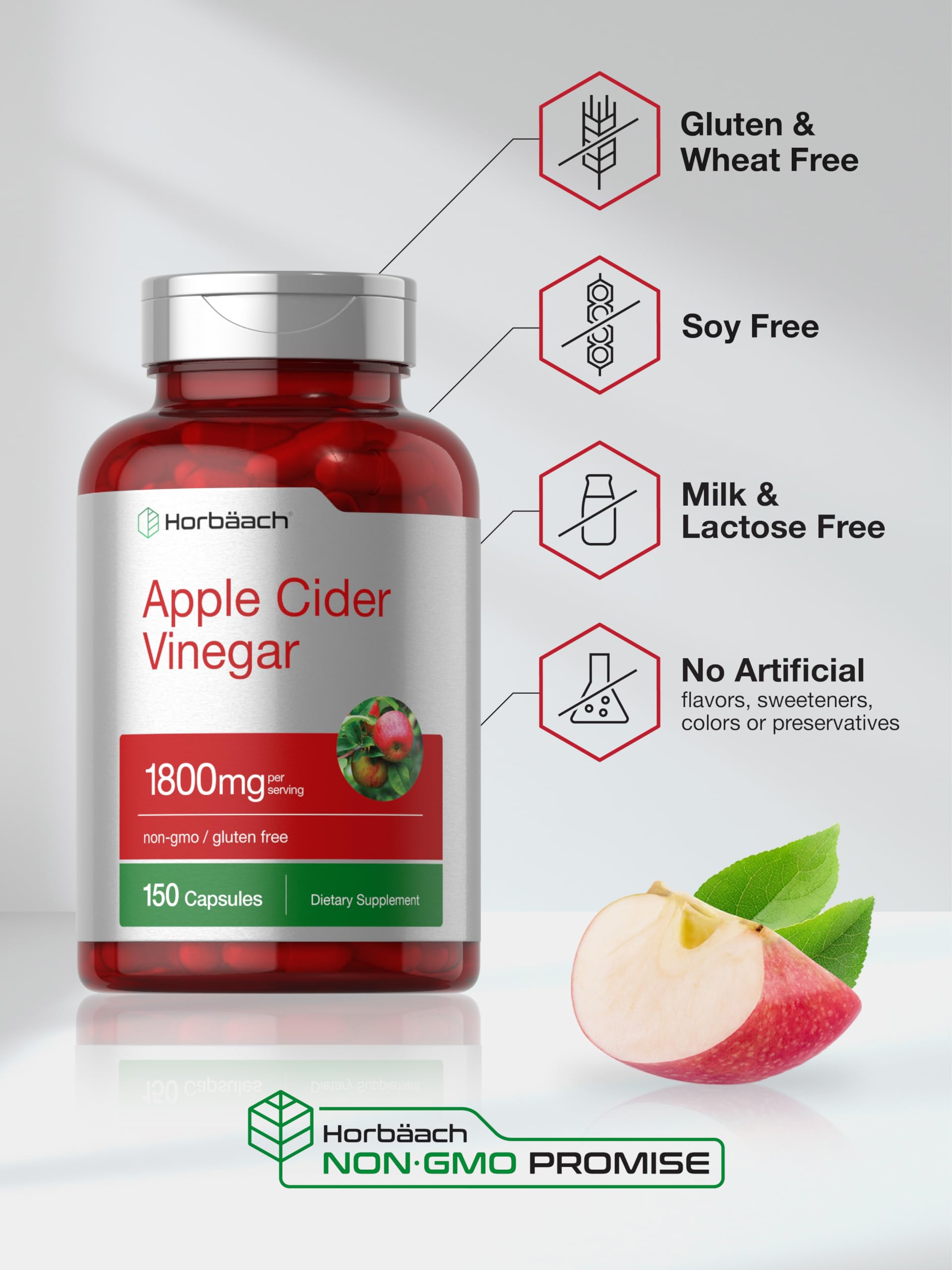 Horbäach Apple Cider Vinegar Capsules | 1800mg | 150 Pills | Non-GMO, Gluten Free Supplement