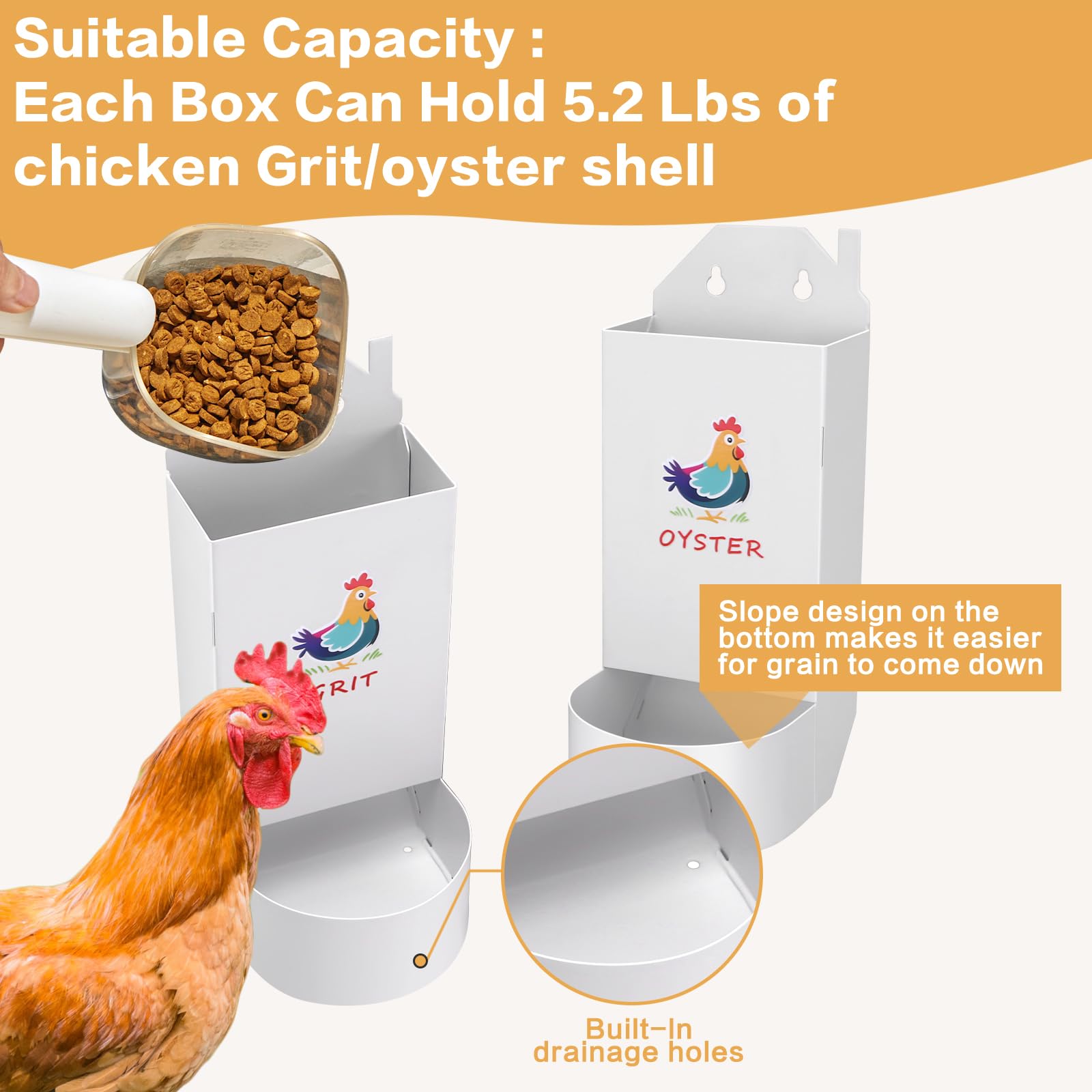Chicken Grit and Oyster Shell Feeder,Metal Automatic Chicken Feeder,Chicken coop Accessories Poultry feeders, Suitable for Quail, Pigeons, Doves, Chicks, and Adult Chickens（2 Pcs）