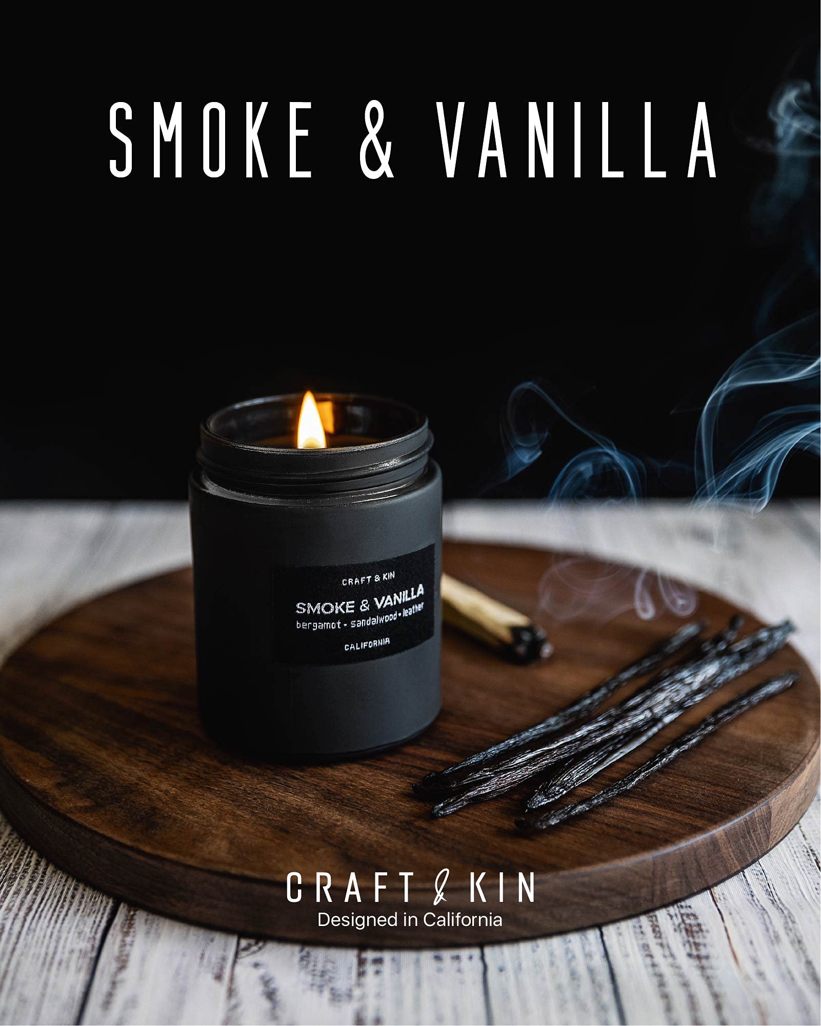 Craft & Kin Smoke & Vanilla Candle | Scented Candle for Men | Masculine Candle | Soy Candle | Scented Candle for Home Scented | Black Candles | Long Lasting Candles with 45 Hour Burn Time 7.6oz