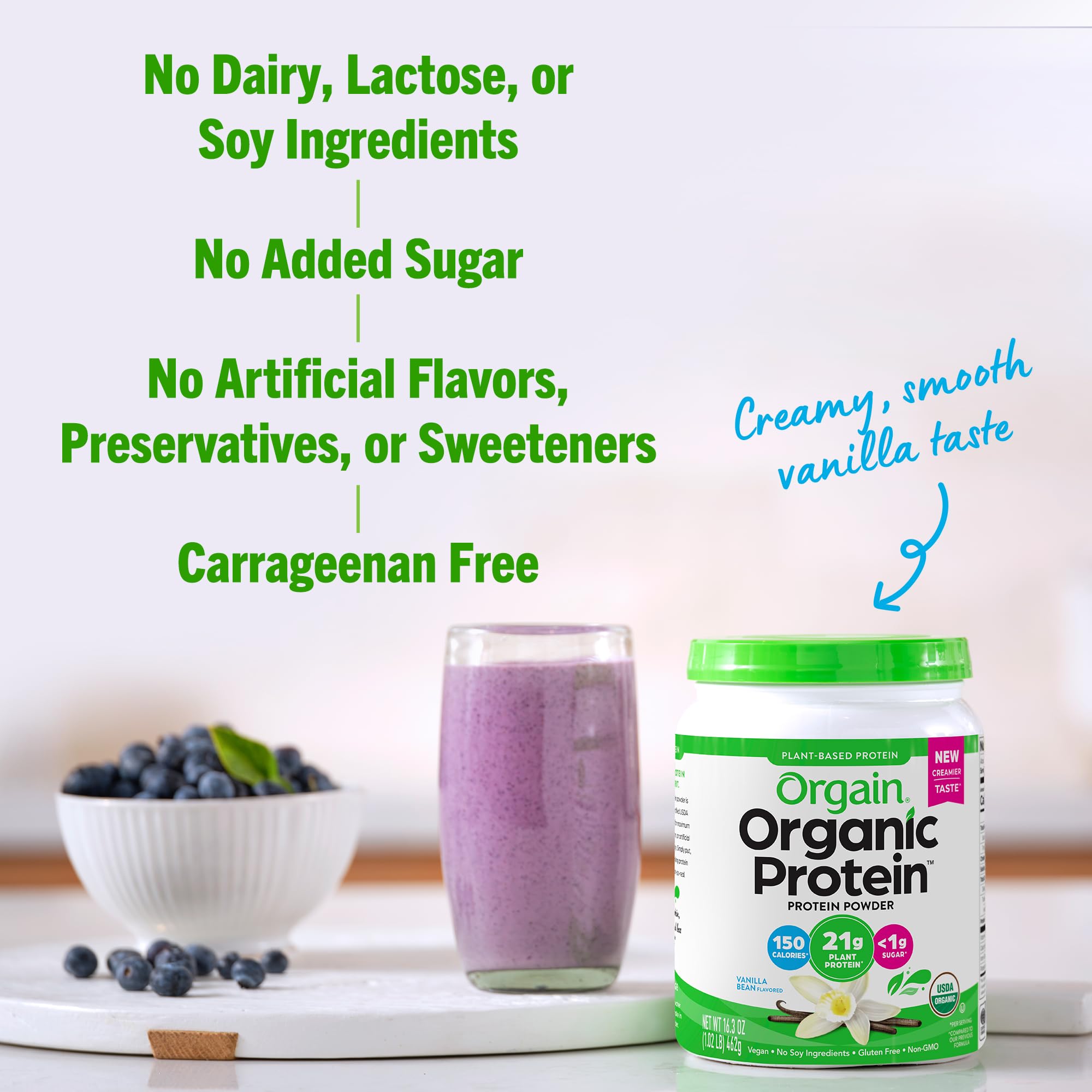 Orgain Organic Vegan Protein Powder, Vanilla Bean - 21g Plant Based Protein, 4g Prebiotic Fiber, No Lactose Ingredients, No Added Sugar, Non-GMO, For Shakes & Smoothies, 1.02 lb (Packaging May Vary)