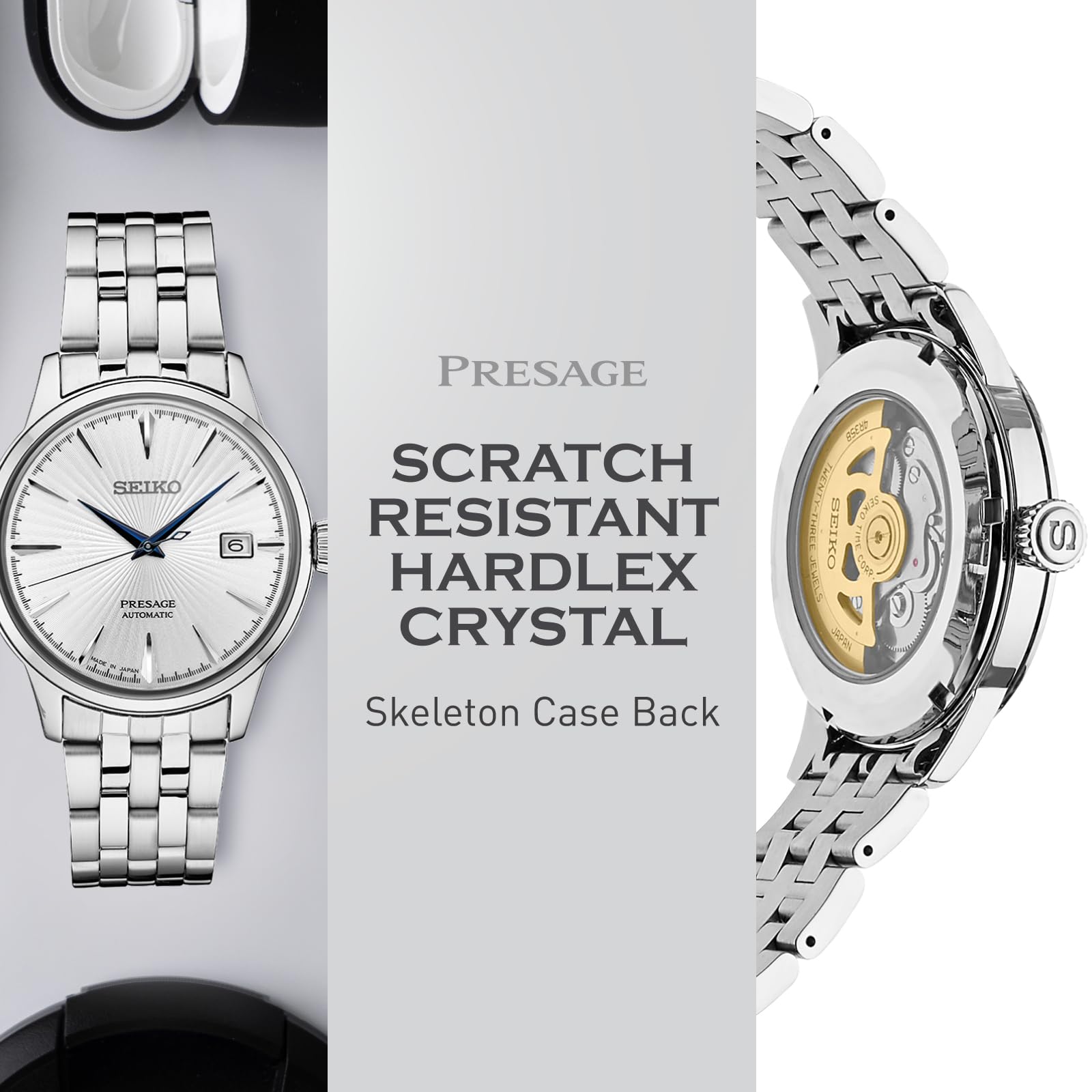 SEIKO SRPB77 Automatic Watch for Men - Presage Cocktail Time - Patterned Silver Dial with Gloss Finish, Date Calendar, 50m Water-Resistant