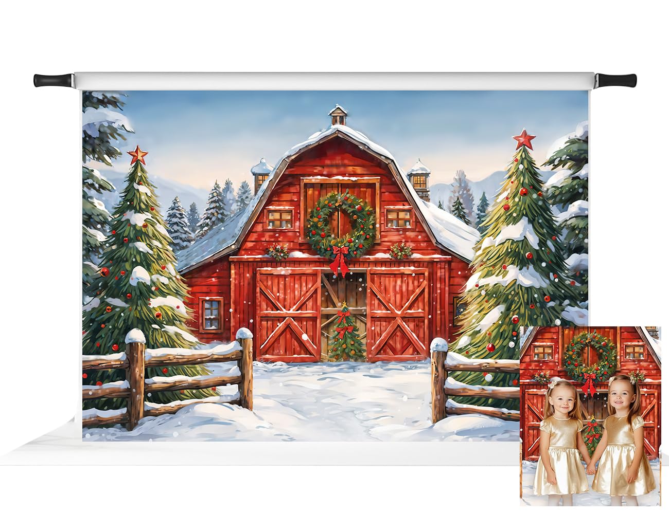 Kate Christmas Farm House Photo Backdrop Red Christmas Tree Background Winter Scene Outdoor Forest Photo Background Studio Props,7x5ft