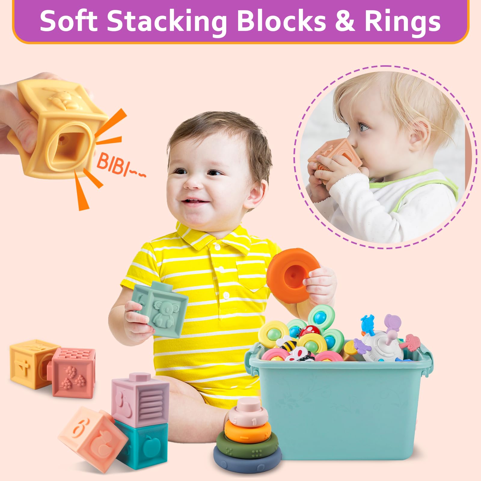 Baby Toys for 6 to 12 Months, Montessori Sensory Bins Toys for Toddlers 1-3, Pull String Teether Infants Bath Toys 6 in 1 Stacking Blocks Rings, Matching Eggs, Suction Cup Spinner Toy