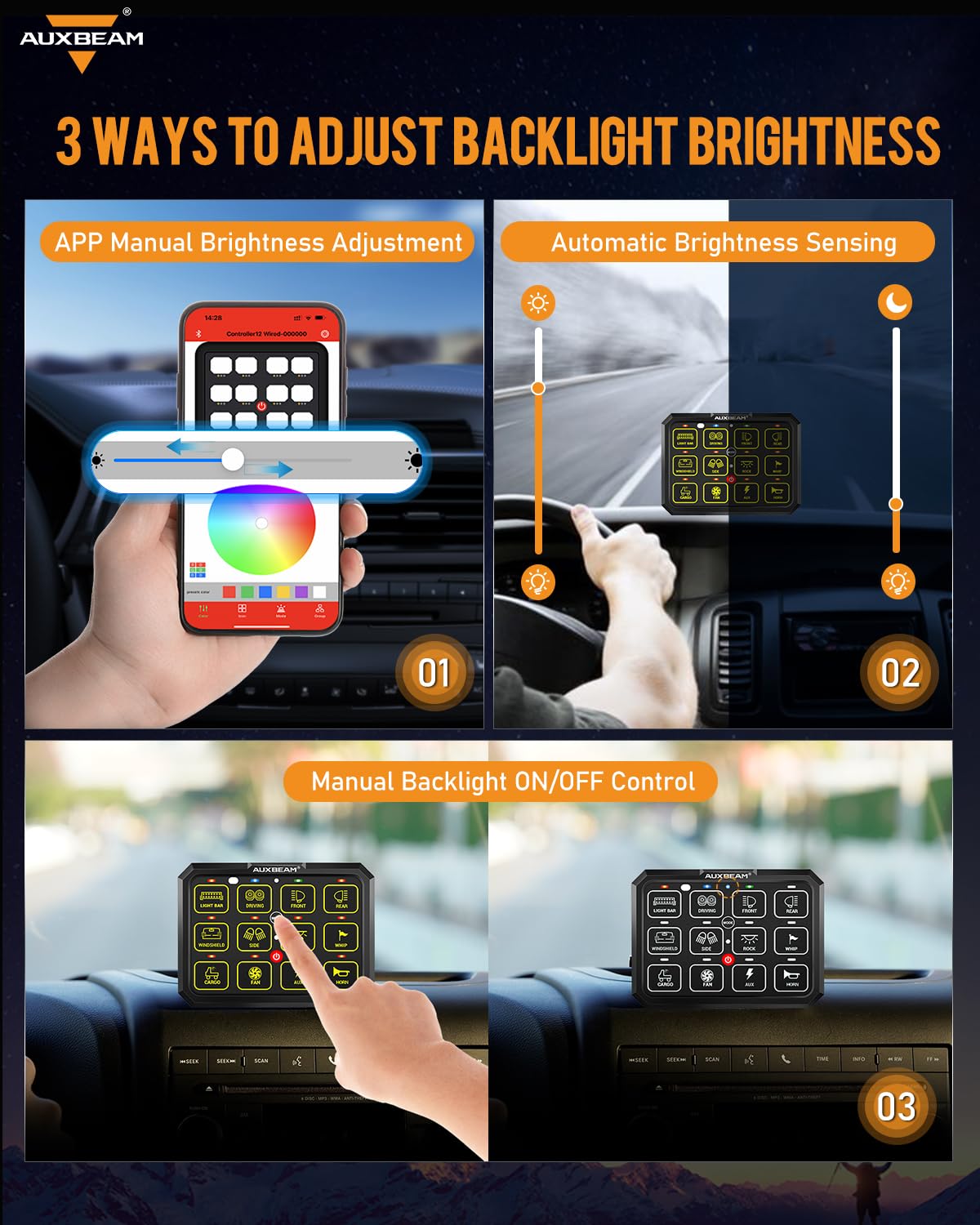 Auxbeam 12 Gang Switch Panel Bluetooth RGB AC-1200 with APP&Remote Control Toggle Momentary Pulsed Switch Pod Off Backlight for Truck Offroad 12-24V Waterproof 2 Years Warranty (Patent Registering)