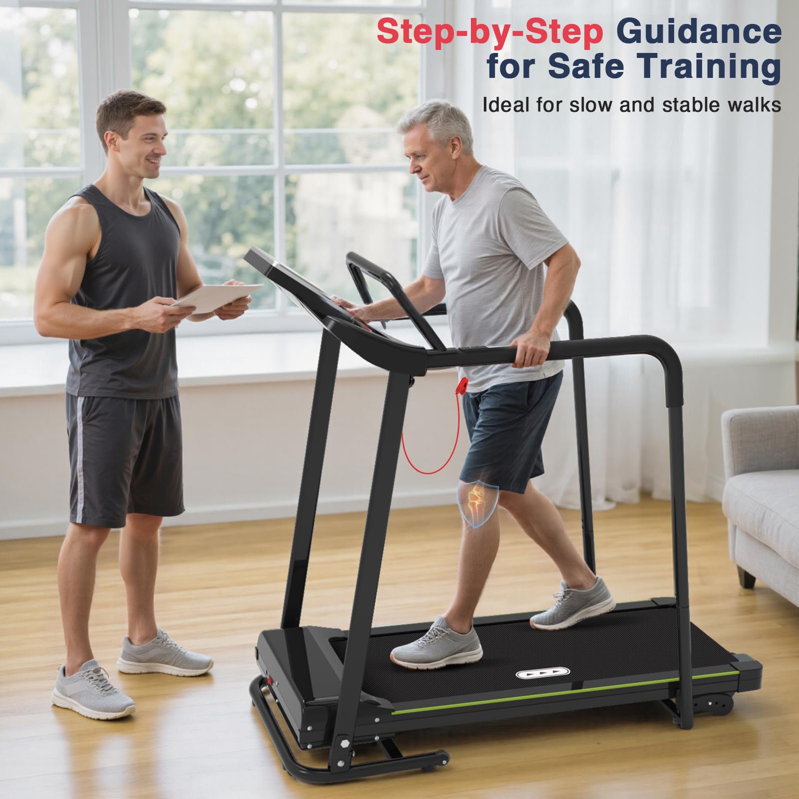 Redliro Walking Treadmill with Long Handrail for Balance, Recovery Fitness Exercise Machine Foldable for Home use with Holder for Phone & Cup,LCD Display, 300 lbs Capacity