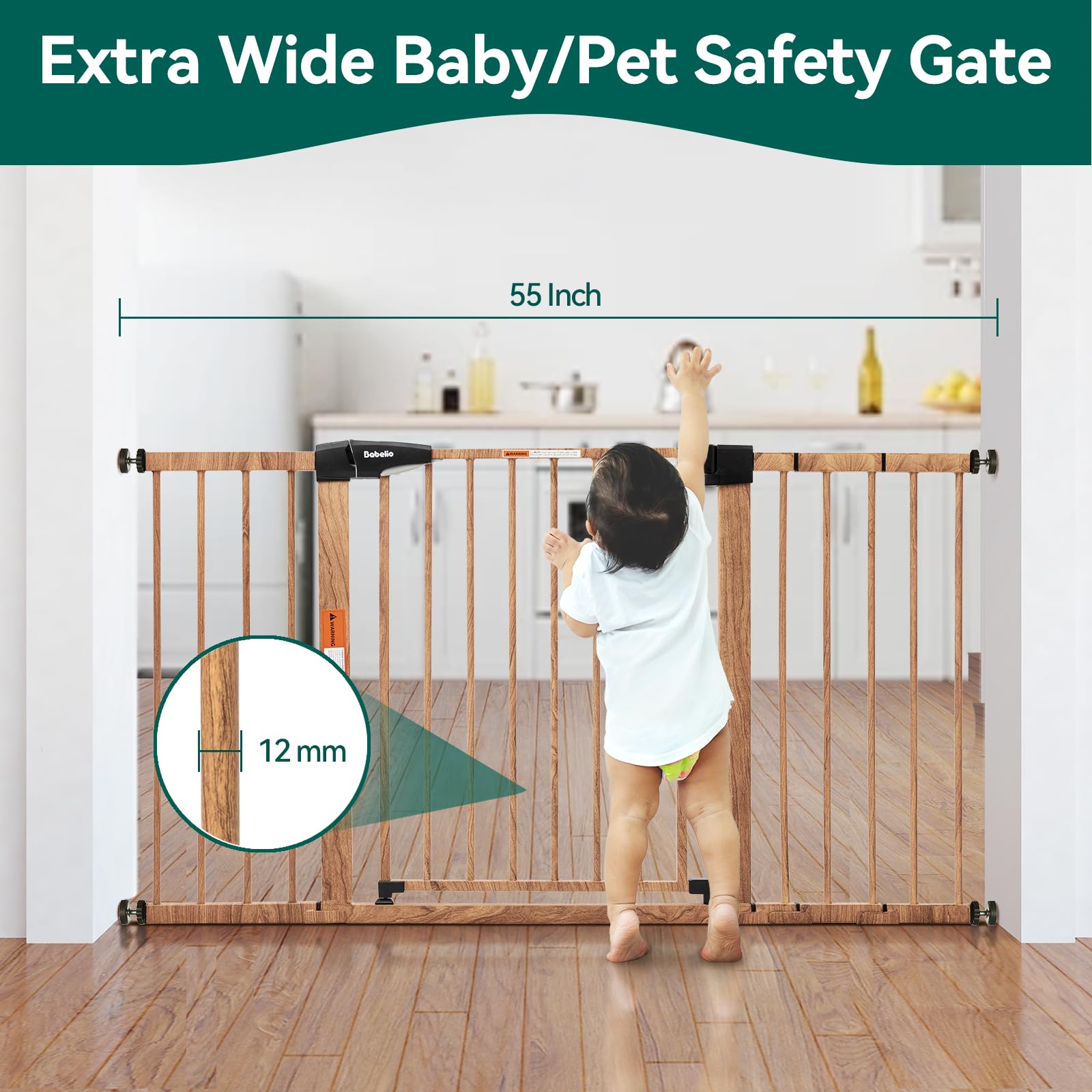 BABELIO 29-55" Extra Wide Baby Gate with Wood Pattern, Metal Auto Close Dog Gate,Pressure Mounted Pet Gate for Doorways, with Y Threaded Spindle Rods, No Tools Required