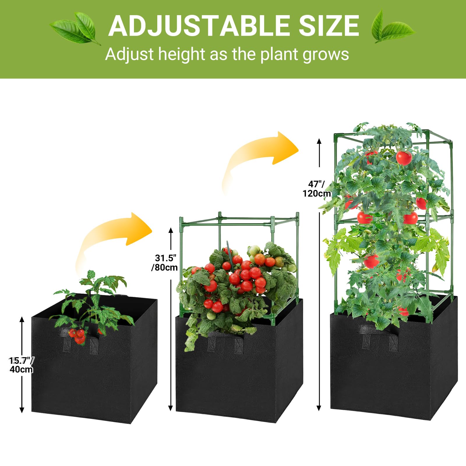 MQHUAYU 3 Pack Tomato Cages with 17 Gallon Grow Bags, 47” Heavy Duty Square Tomato Plant Stakes Support Cages Trellis for Garden Climbing Vegetables Flowers Fruits (47IN Tall, Extra-Bold)