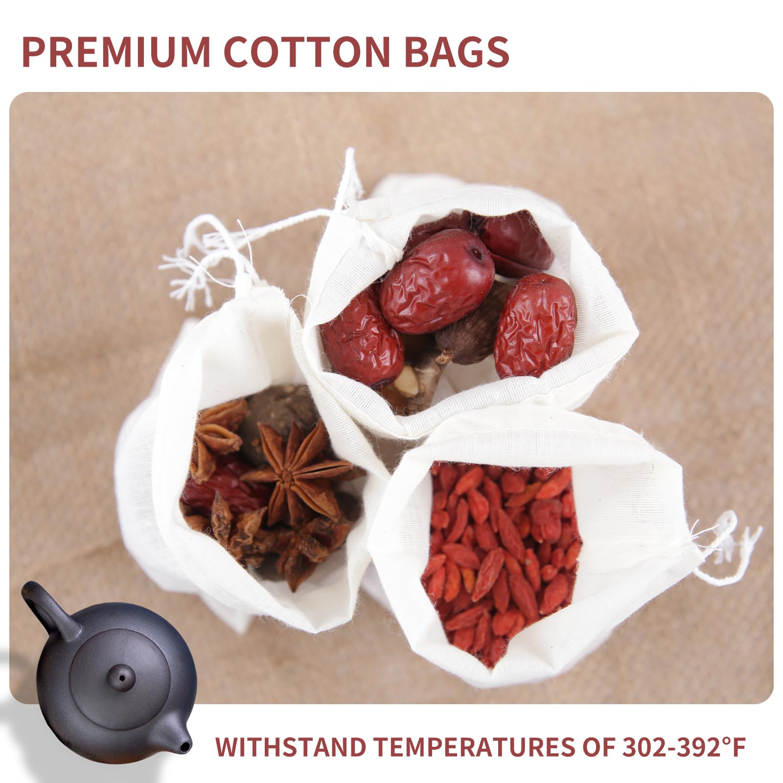 YICHEN 50pcs Muslin Bags with Drawstring,White Spice Bags, Safe and Natural Cotton Material Tea Filter Bags,Cheesecloth Bags for Coffee,Tea,Soup etc.8 x 6 inch.