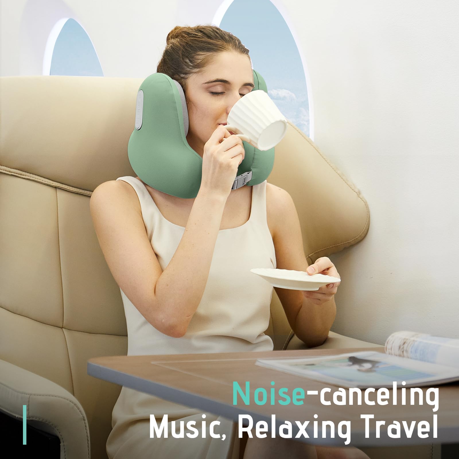 Travel Neck Pillow with Bluetooth Headset, Memory Foam Airplane Pillow for Head Support, Ergonomic Design Traveling Music Pillow for Home, Flight, Car with Adjustable Buckle and Drawstring Bag(Green)