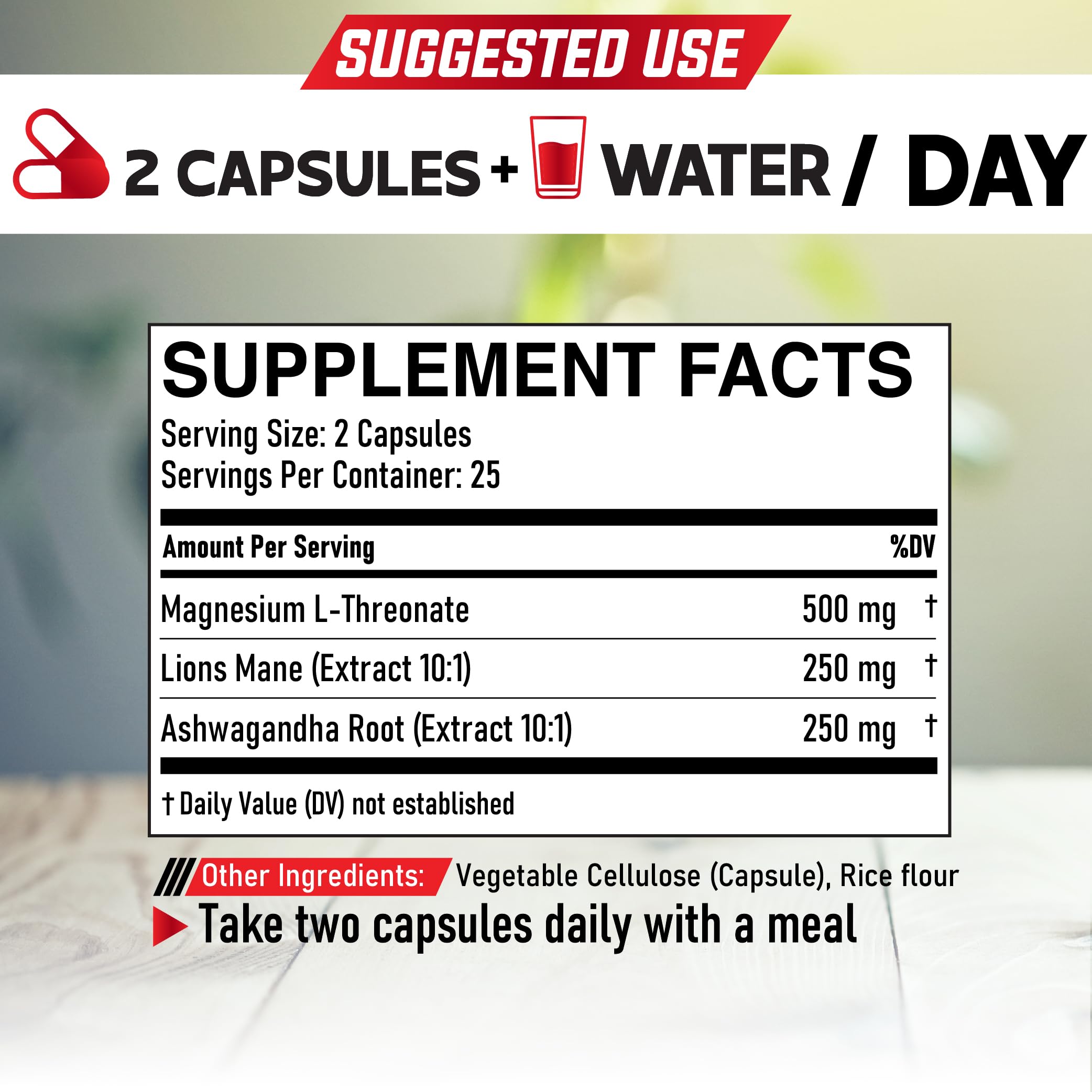 2 Packs 50 Capsules - Magnesium L-Threonate Supplement with Lions Mane & Ashwagandha Root - 1000Mg Per Serving - Advanced Formula Support