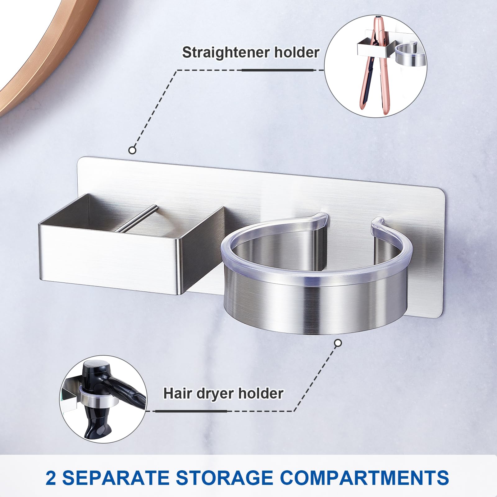 Hair Dryer Holder Wall Mounted, Hair Straightener Holder, Stainless Steel Blow Dryer Holder, Hair Tool Organizer for Hairdryer Holder Storage, Adhesive Curling Iron Holder for Bathroom Vanity