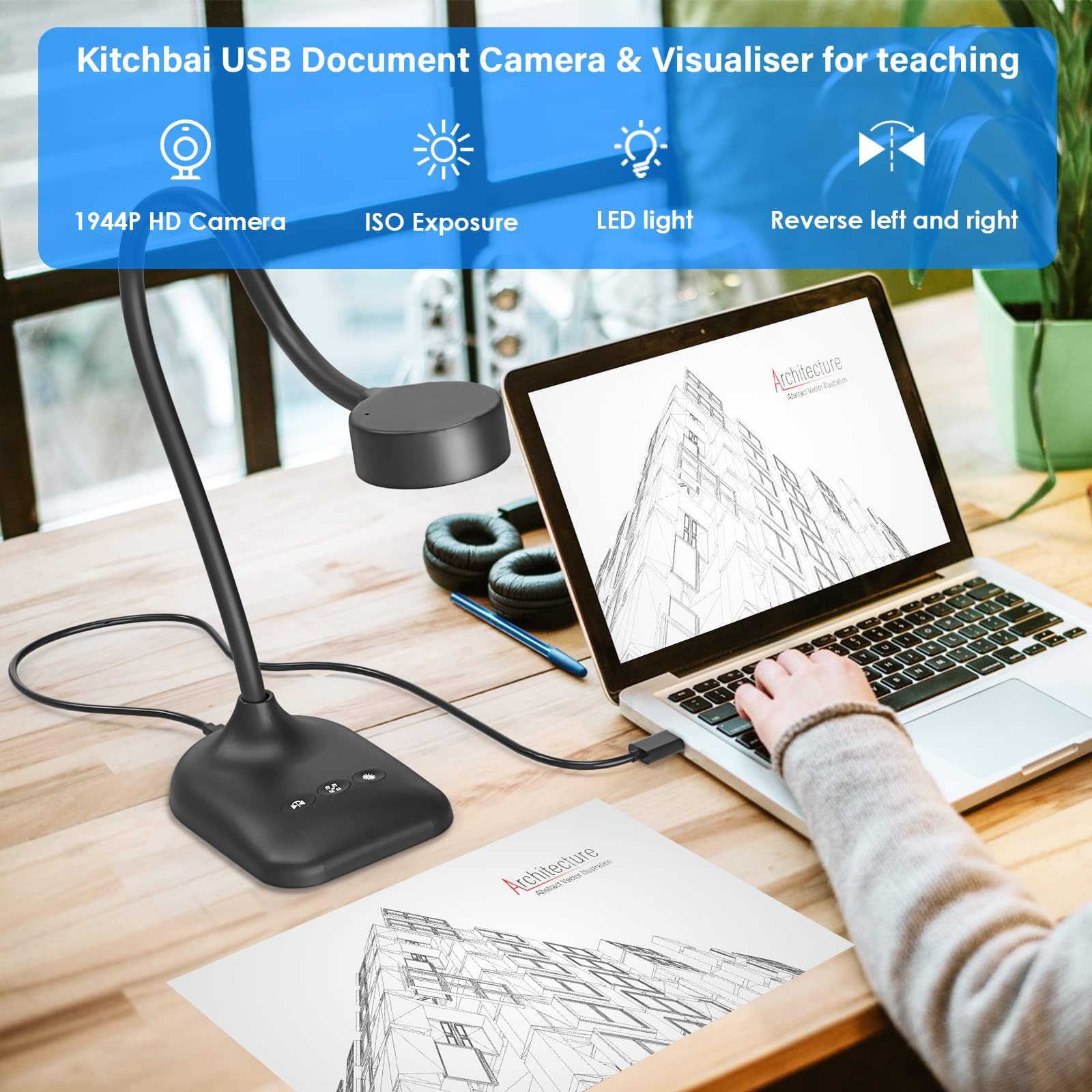 kitchbai Document Camera for Teachers, Webcam and Overhead Camera for Classroom with Mic, LED Lights, Image Invert, Fold for Mac OS, Windows, Zoom, OBS Work with Distance Learning/Teaching, Live Demo