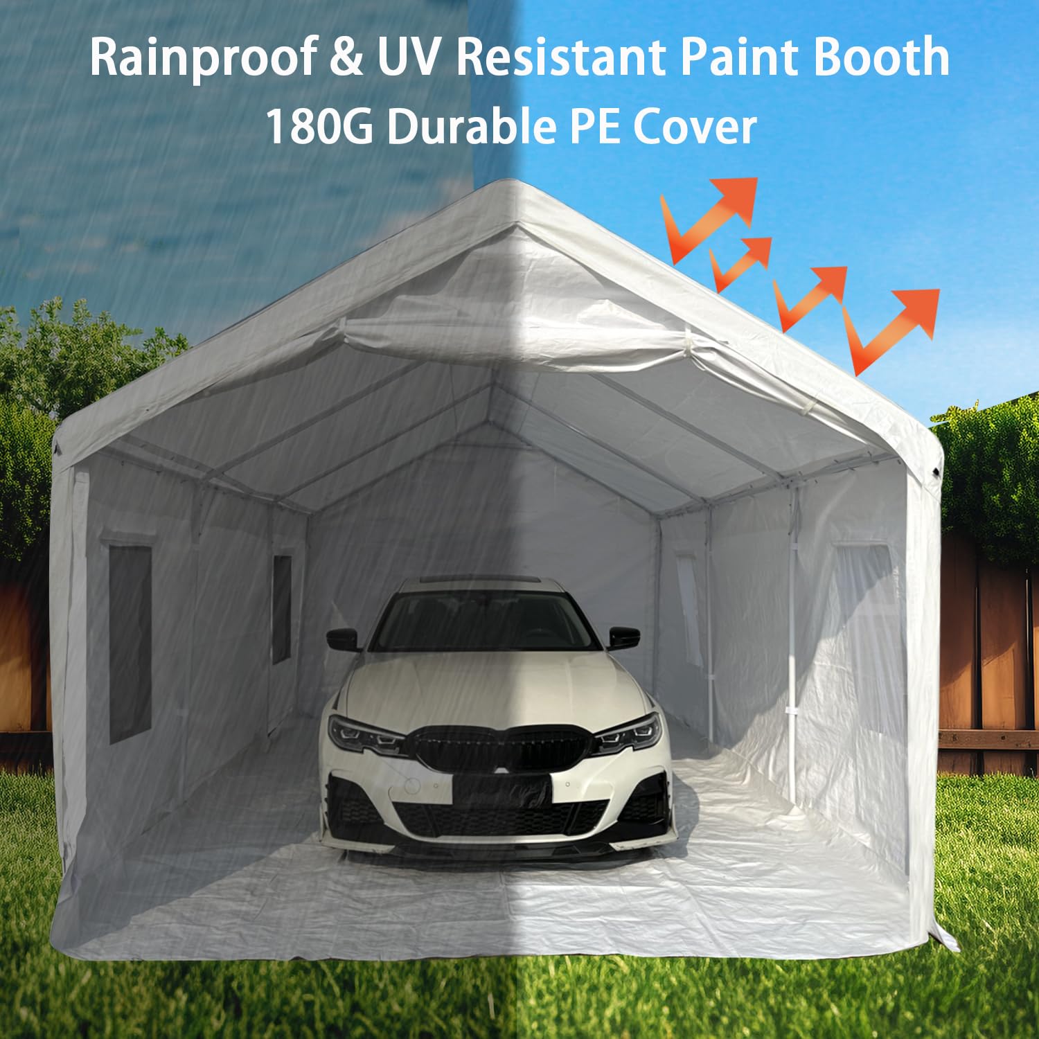 Rainproof Portable Paint Booth 26X14X10.5FT Spray Booth with 6pcs Mesh Windows & Floor for Cars, Auto Parts, Furniture and Other Big Items Painting (White)