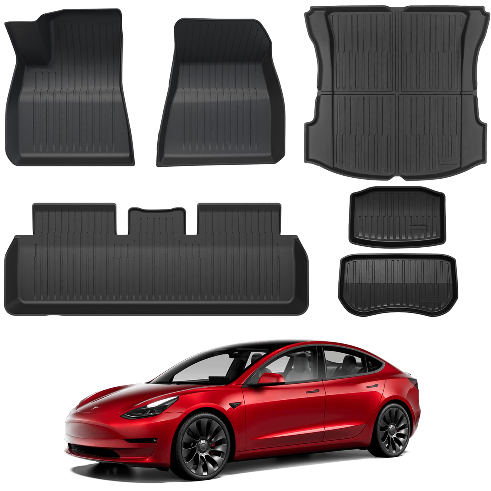 Foronetry Tesla Model 3 Floor Mats 2023 2022 2021, 6PCS All Weather Complete Set Floor Mats, Cargo Liners Rear Trunk Frunk Rear Storage Mats Accessories