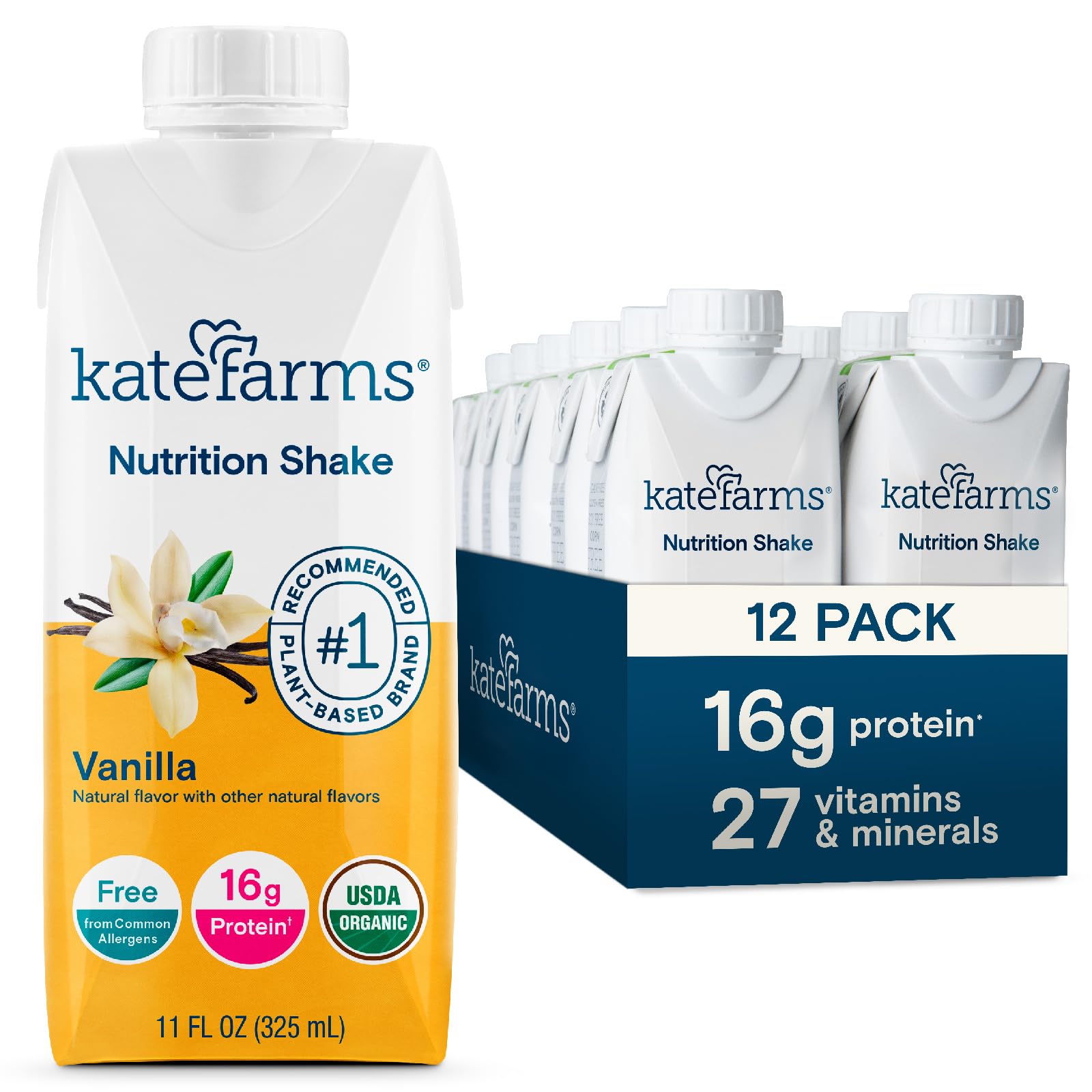 KATE FARMS Organic Nutrition Shake, Vanilla, 16g Protein, 27 Vitamins and Minerals, Protein Meal Replacement Drink, Protein Shake, 11 oz (12 Pack)