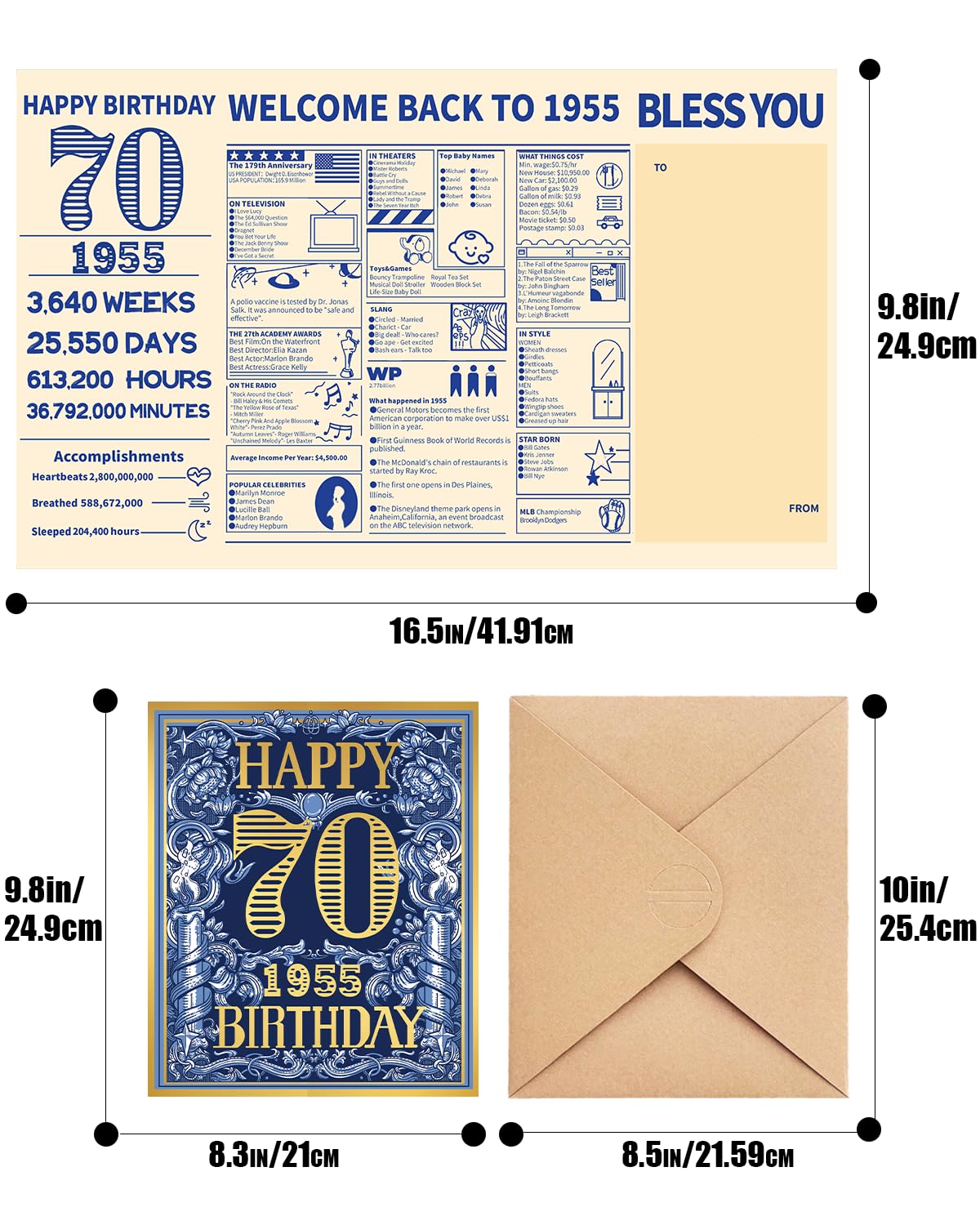 Gcardist 2025 70th Birthday Greeting Card, 70 Years Old Birthday Gift Card,Memory Back In 1955,Vintage Blue Gold（Envelope）