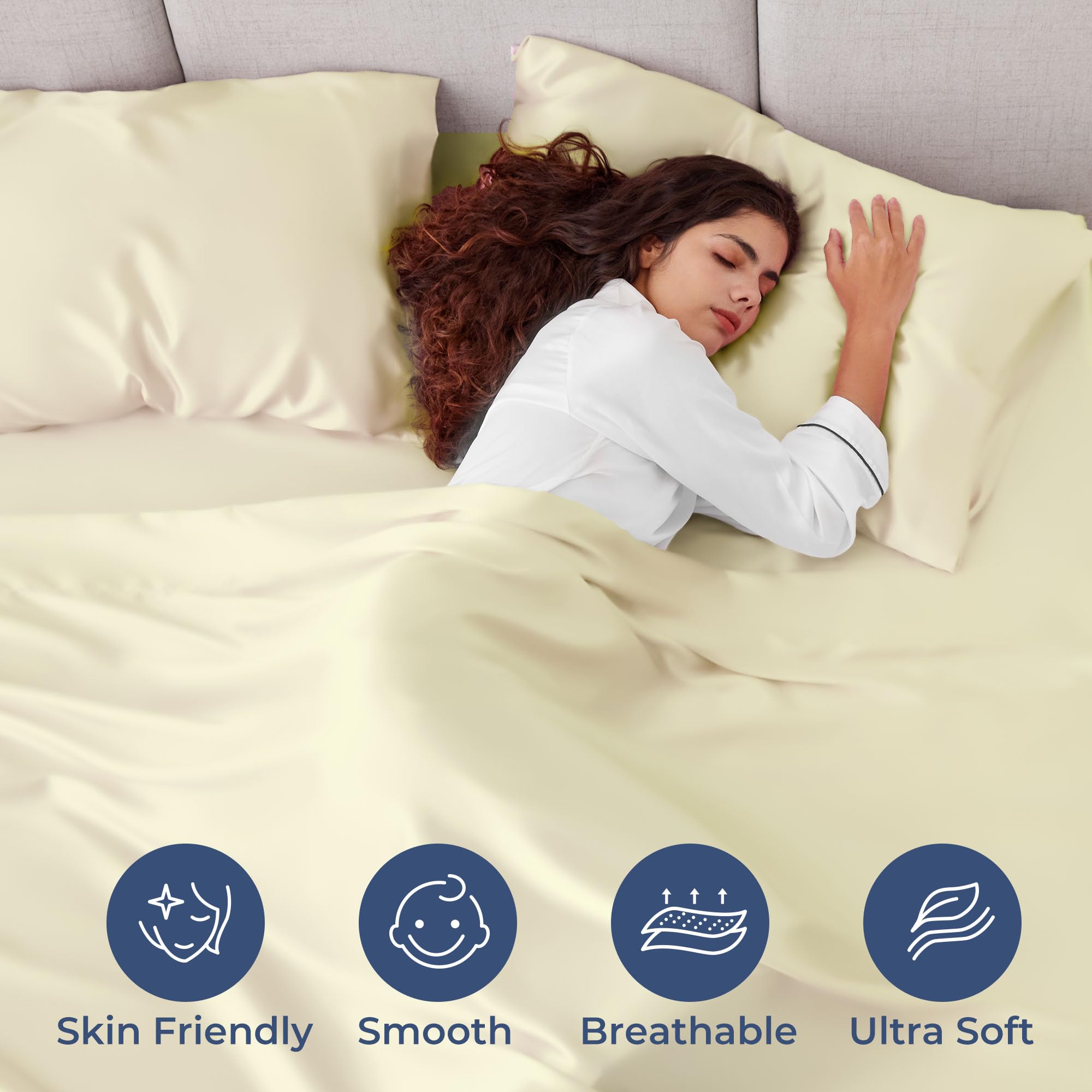 Seasonwood Satin Sheets Ivory Soft Microfiber Silk Bed Set 3pcs Twin Sheets