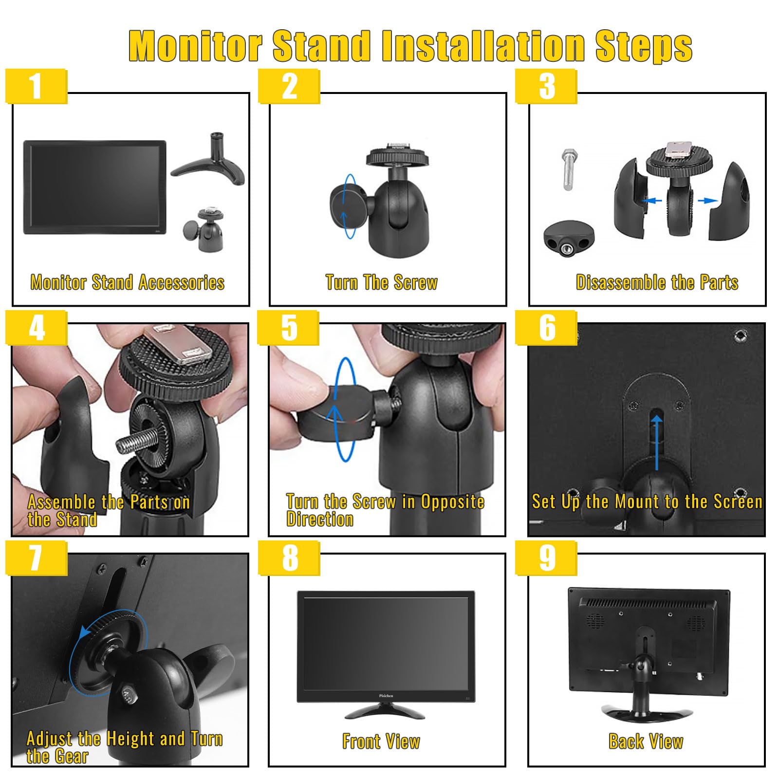 Pisichen Portable Mini 13.3" HDMI Monitor, 1366x768 LED, HDMI/VGA/USB/AV/BNC Input for PC/Laptop/PS4/Ras Pi, Wall Mountable, Built-in Speakers