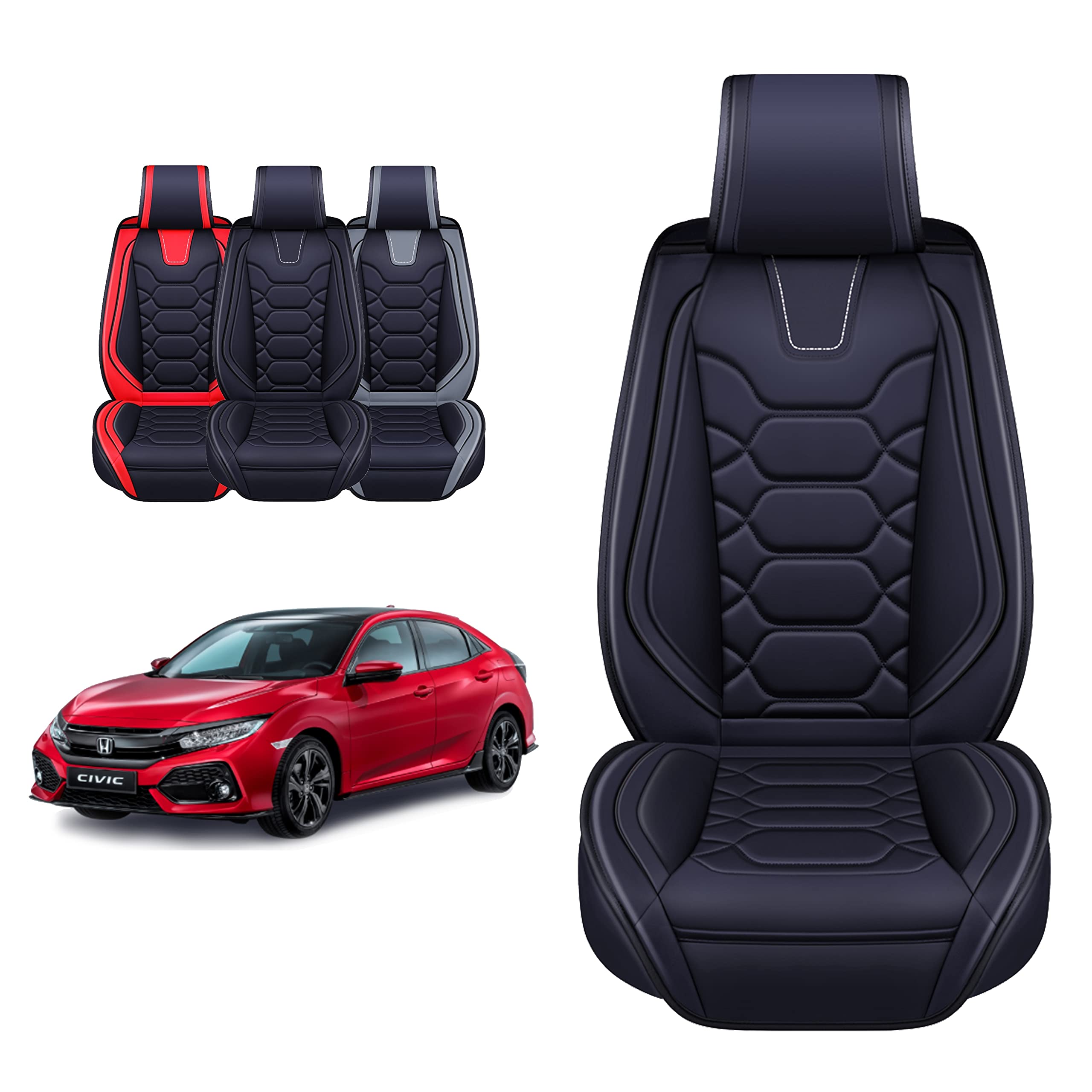 OASIS AUTO Honda Civic Accessories Seat Covers 2011-2025 Custom Fit 2/4 Door Sedan Coupe Hatchback Leather Cover Protector Cushion Exclude Si (Full Set, Black)