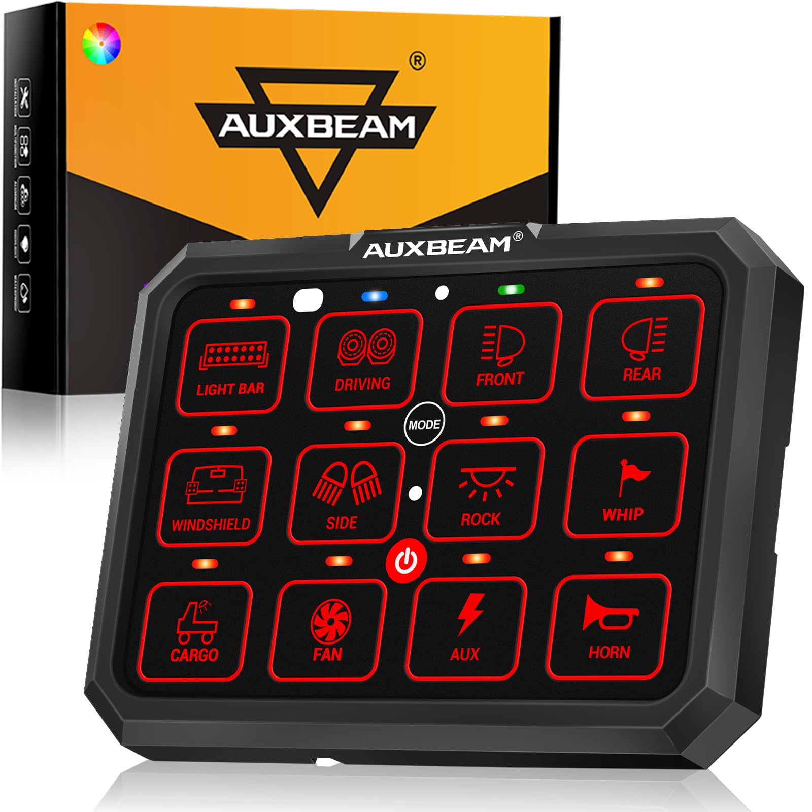 Auxbeam 12 Gang Switch Panel RB120 Toggle Momentary Pulsed RGB Dimmable Switch Panel Multifunction Two Sided Output Marine Control Panel IP65 Waterproof for Car Boat RV, 2 Years Warranty