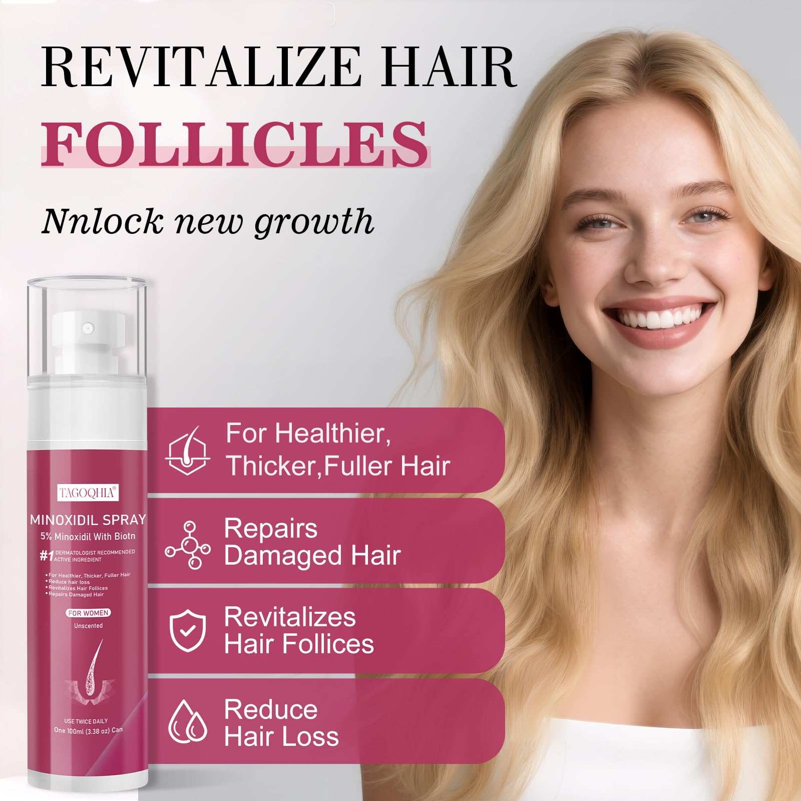 5% Minoxidil for Women Hair Regrowth Spray, hers hair regrowth treatment Infused with Biotin, Extra Strength Treatment to Combat Hair Loss and Thinning, 3 Bottles