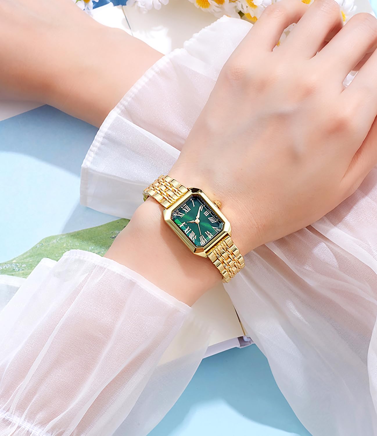 BESTKANG Vintage Gold Roman Numeral Watch for Women, Rectangular Alloy Bracelet, 3ATM Waterproof Quartz Movement with Tools (Gold Green)