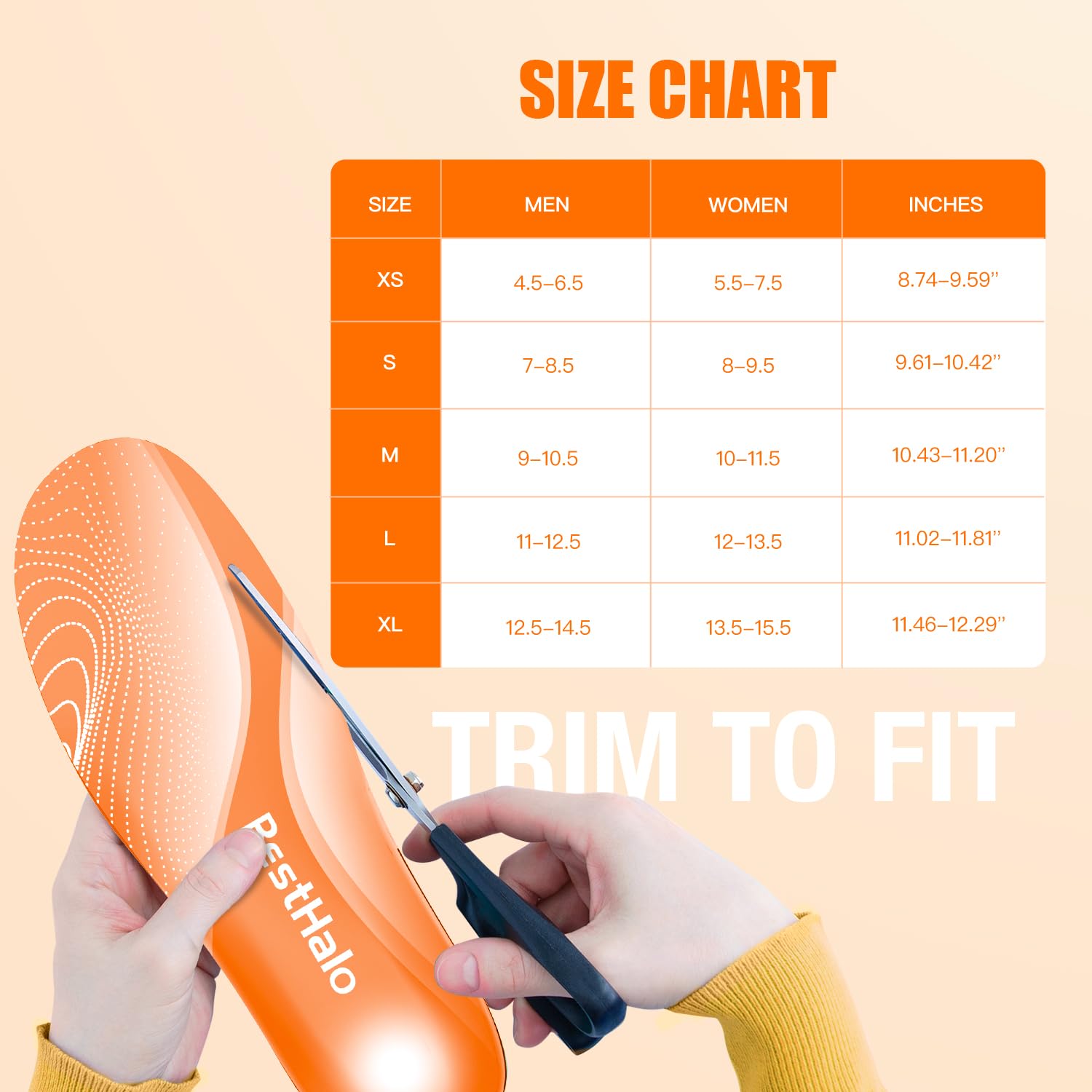 BestHalo Plantar Fasciitis Insoles - High Arch Support Inserts, Gel Cushion, Relief for Flat Feet - 220+ lbs Orthotics Insoles Ideal for Work Boots (Orange, Men 9-10.5 | Women 10-11.5)