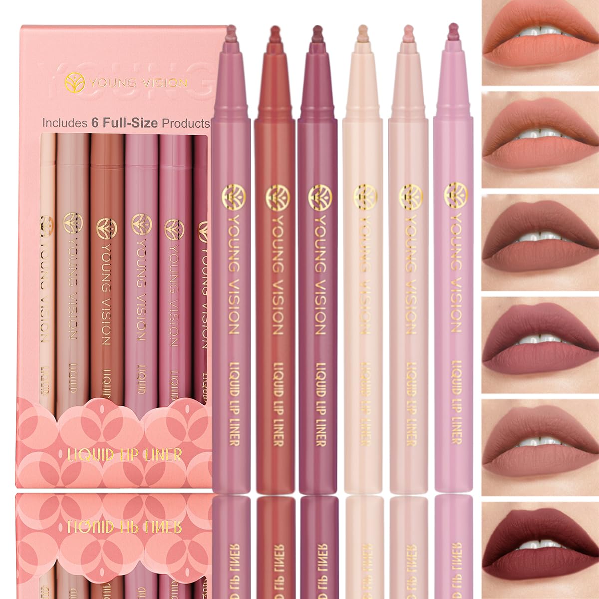 YOUNG VISION 6-Pc Liquid Lipstick & Lipliner Set, Lip Stain Tint Collection - Gourd-Shaped, Durable, Easy Glide, Nude Matte Shades Lip Contour/Lipliner Application, Gift for Women