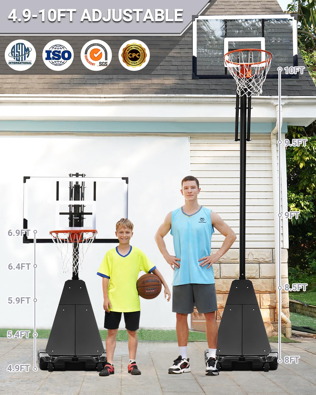 WIN.MAX Portable Basketball Hoop Quickly Height Adjusted 4.9-10ft Outdoor/Indoor Basketball Goal System with 44 inch Backboard and Wheels for Adults (Basketball Hoop Pro)